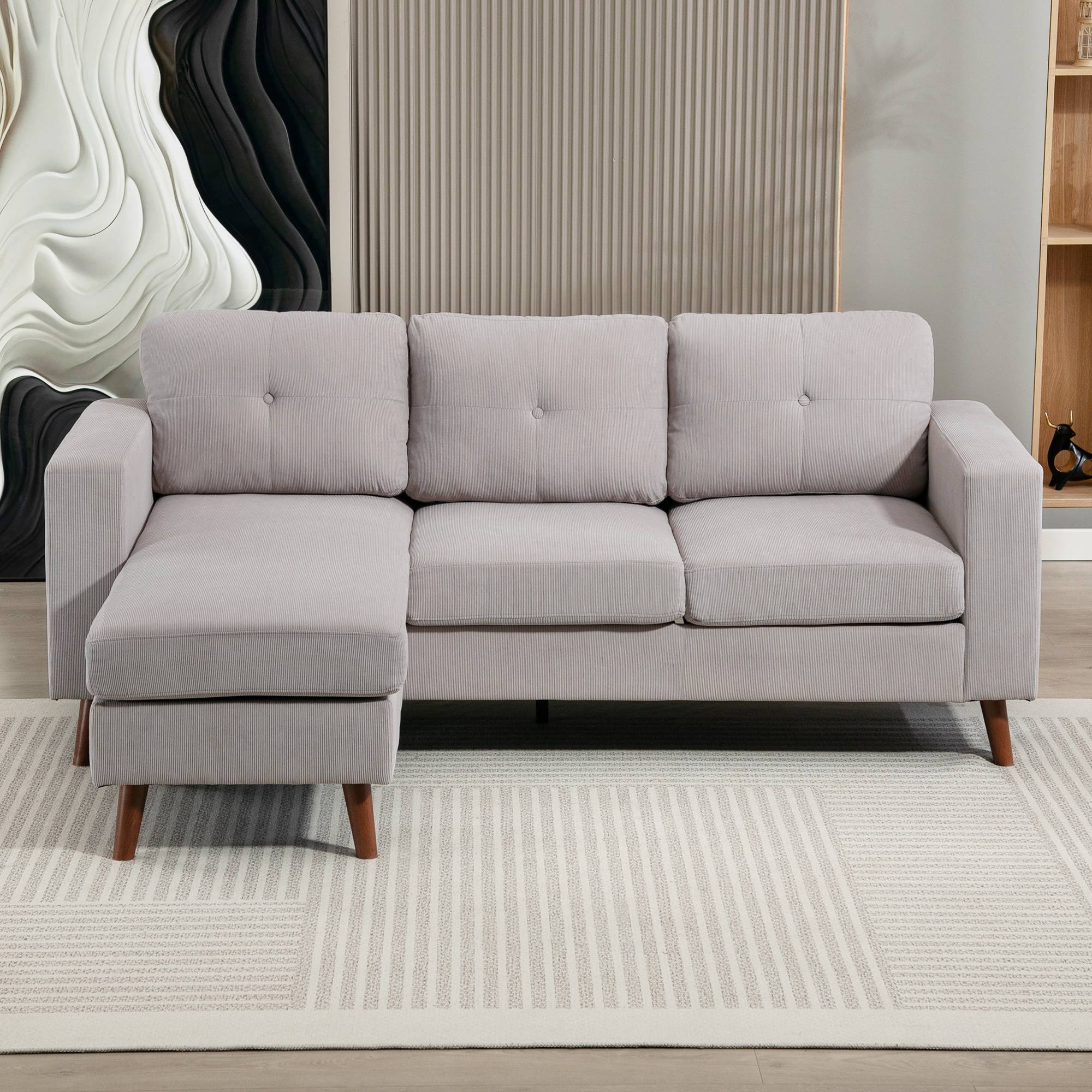 Canapé d'angle réversible en velours côtelé, canapé 3 places avec méridienne, cadre en acier, 192x137x84cm, gris clair - Image 9