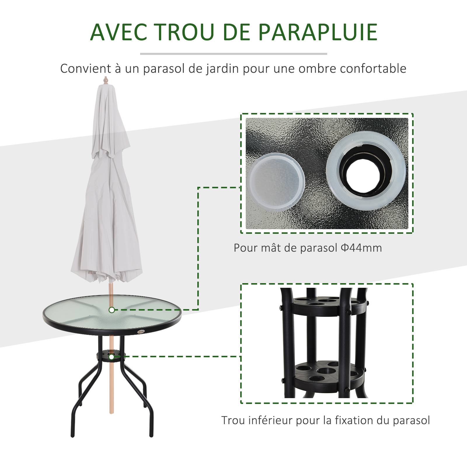 Sans Marque - Table Ronde Bistro de Jardin Ø 80 x 72H cm Espace Installation Parasol Acier époxy Noir Plateau Verre trempé - Image 6