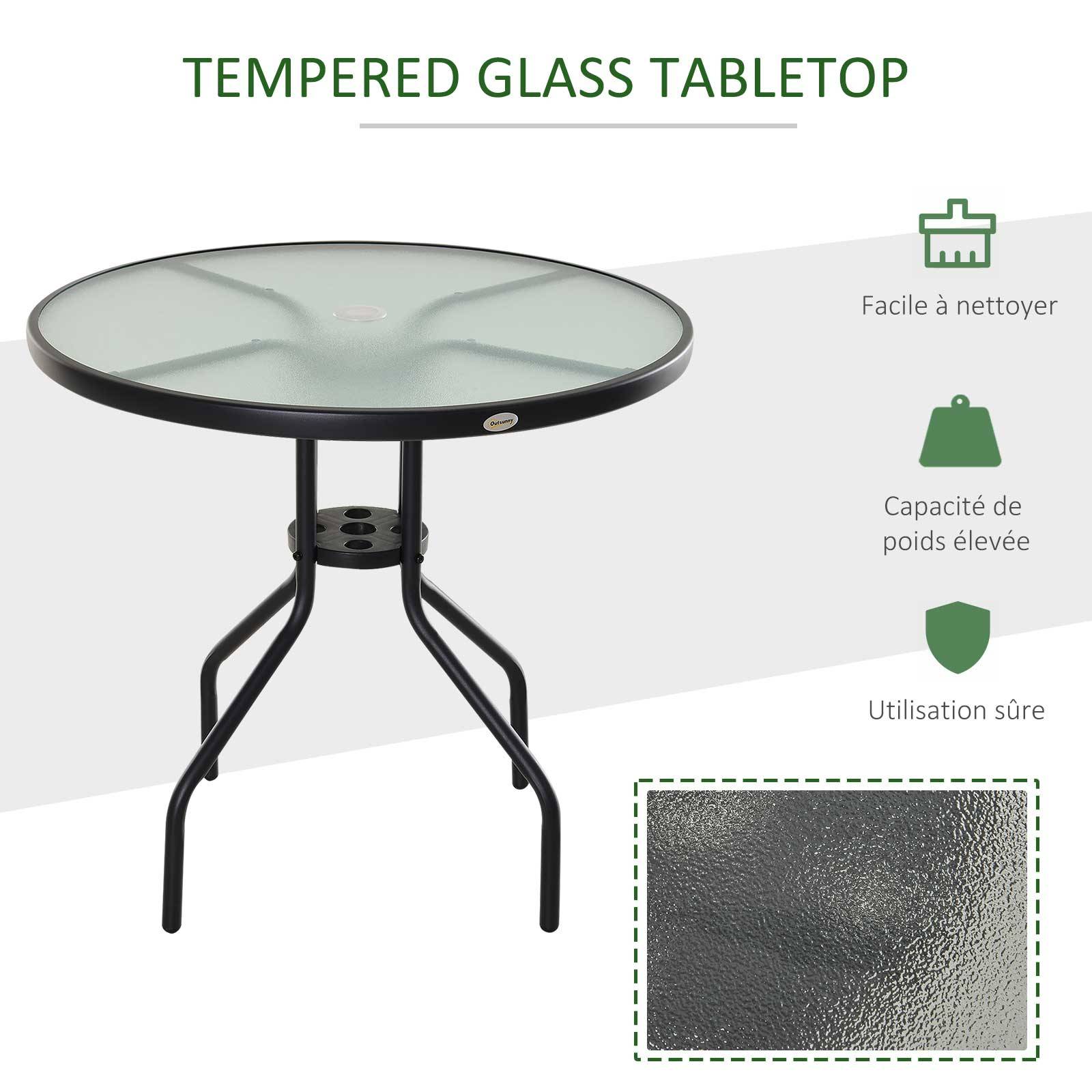 Sans Marque - Table Ronde Bistro de Jardin Ø 80 x 72H cm Espace Installation Parasol Acier époxy Noir Plateau Verre trempé - Image 7