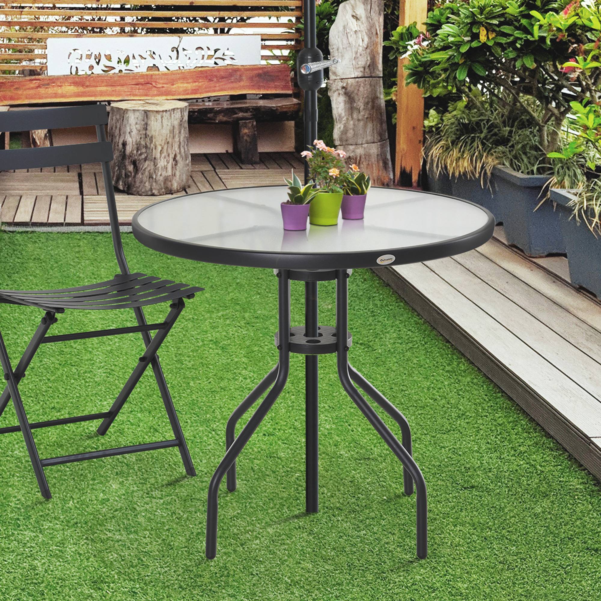 Sans Marque - Table Ronde Bistro de Jardin Ø 80 x 72H cm Espace Installation Parasol Acier époxy Noir Plateau Verre trempé - Image 4