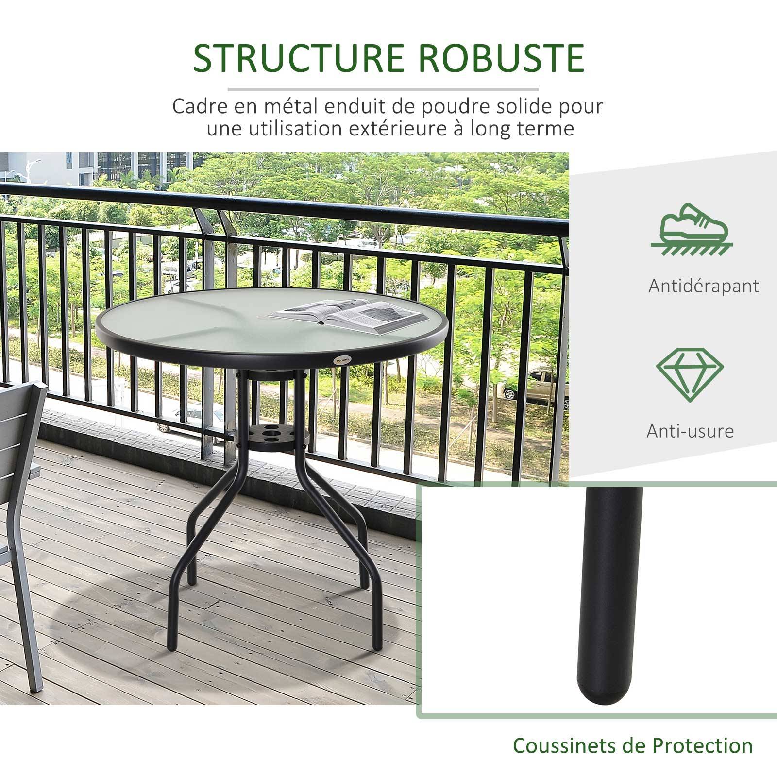 Sans Marque - Table Ronde Bistro de Jardin Ø 80 x 72H cm Espace Installation Parasol Acier époxy Noir Plateau Verre trempé - Image 8