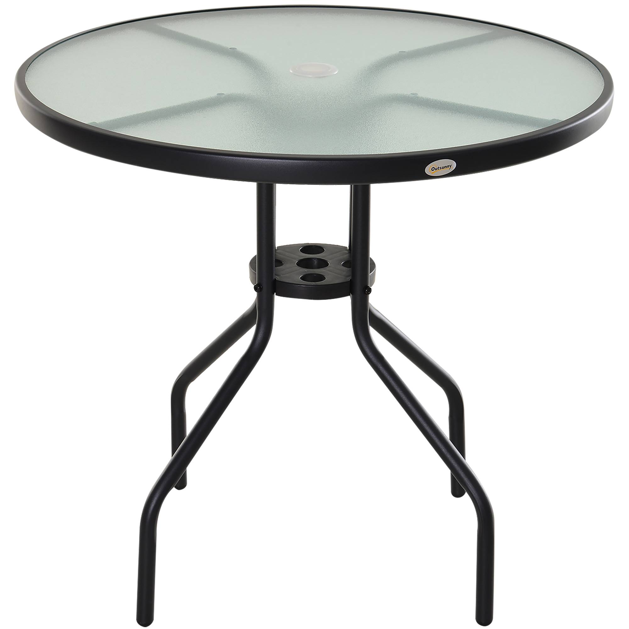 Sans Marque - Table Ronde Bistro de Jardin Ø 80 x 72H cm Espace Installation Parasol Acier époxy Noir Plateau Verre trempé - Image 2