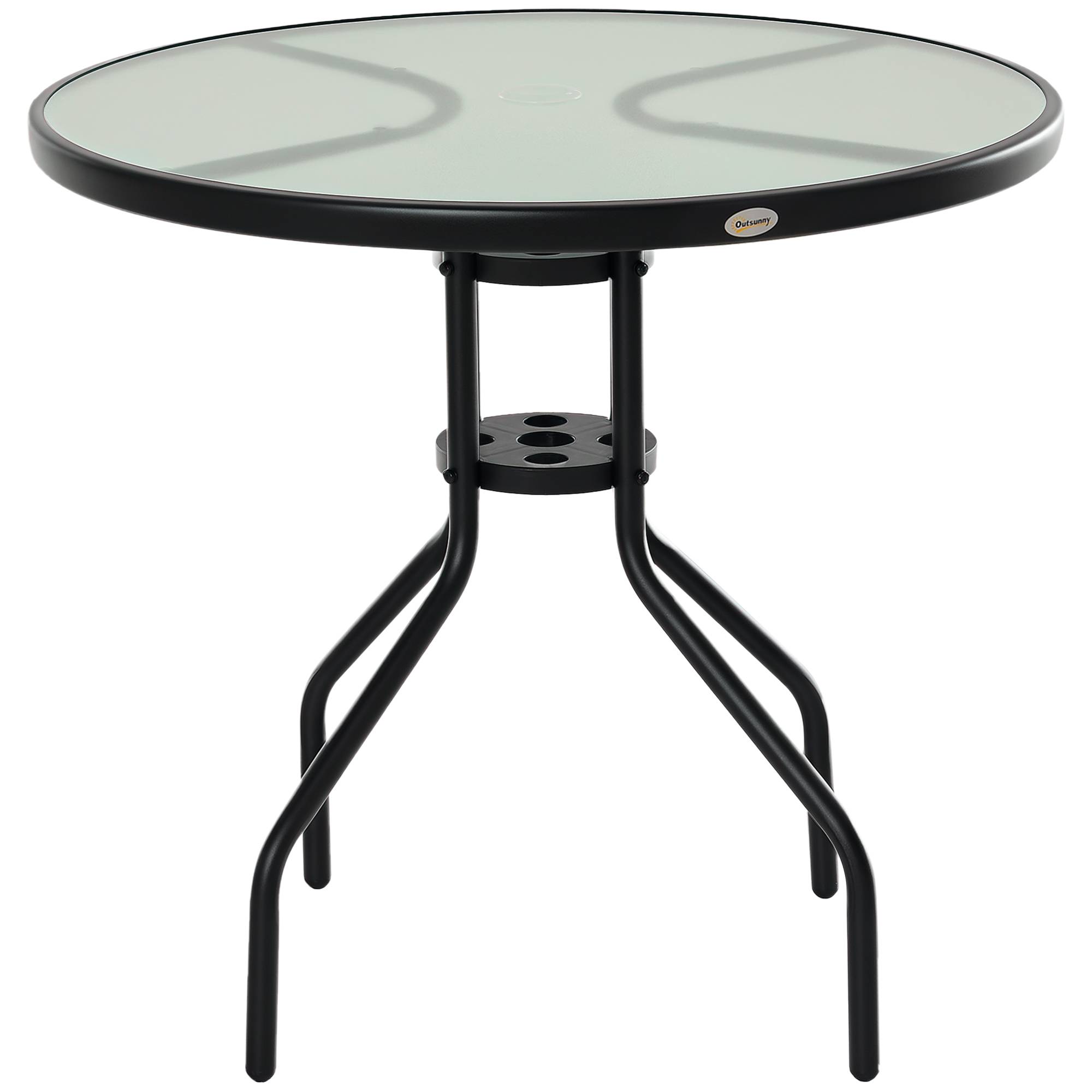 Sans Marque - Table Ronde Bistro de Jardin Ø 80 x 72H cm Espace Installation Parasol Acier époxy Noir Plateau Verre trempé - Image 1