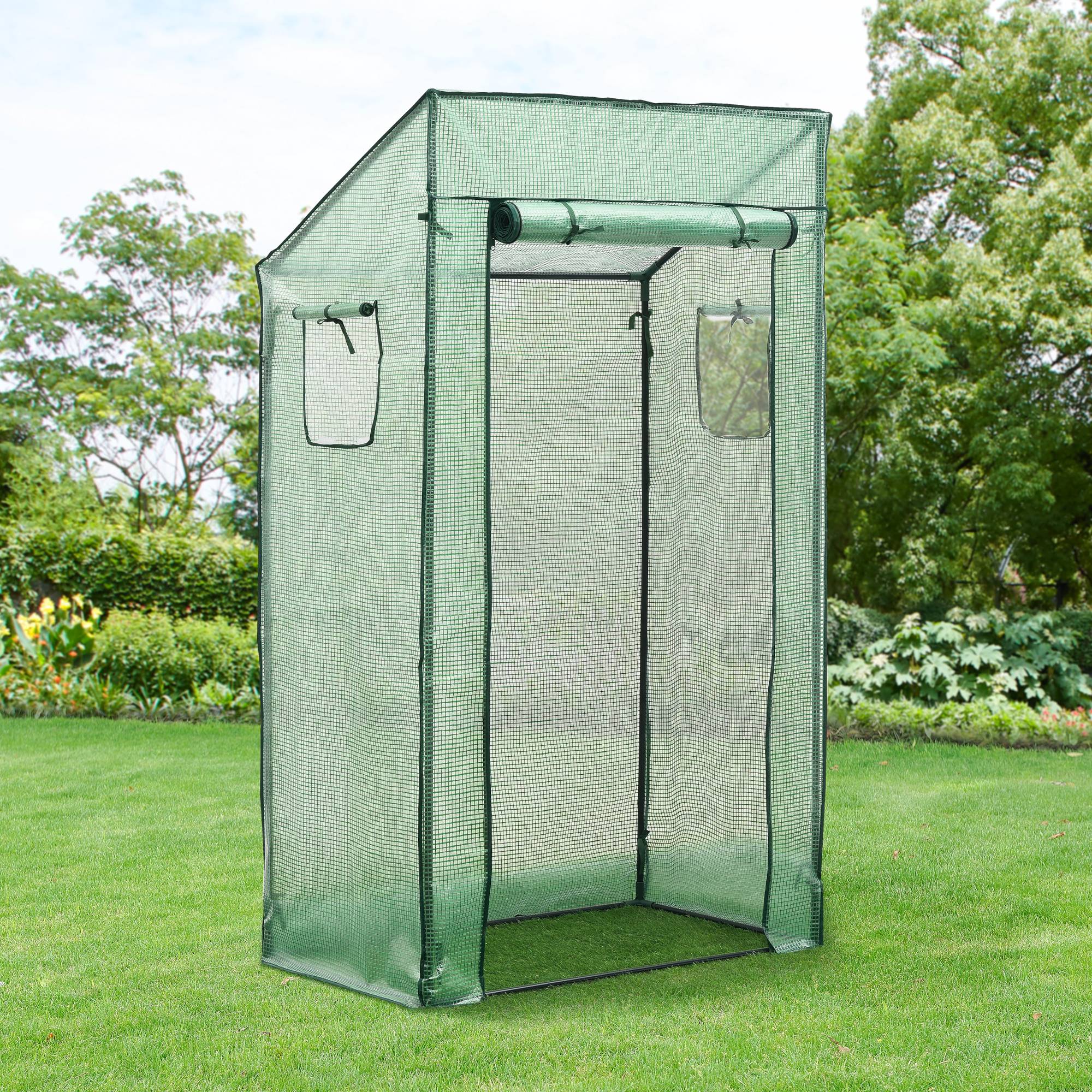 Serre de tomates Marzano en acier et polyéthylène à porte et 2 fenêtres zippées 100 x 60 x 143 - 174 cm vert [en.casa] - Image 2