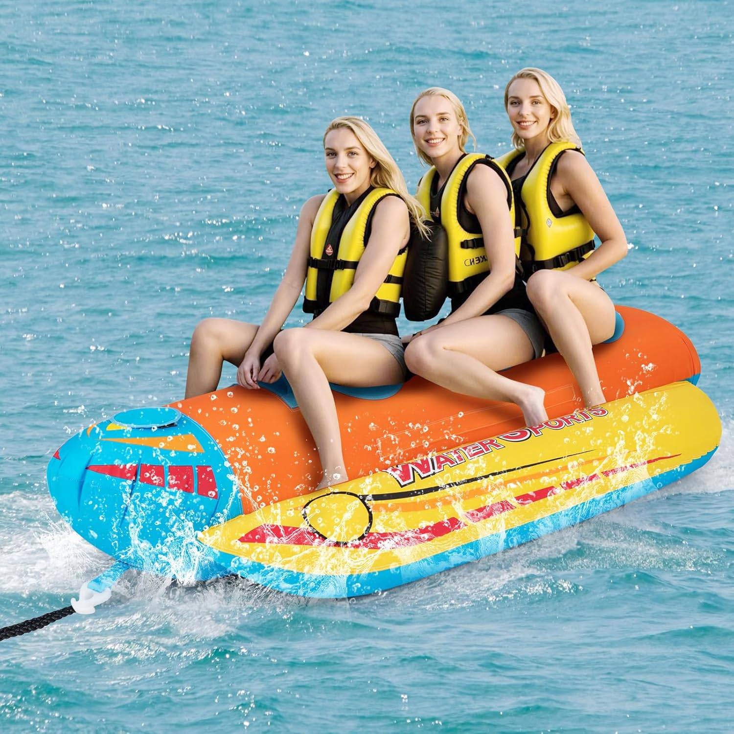 Bateau Banane Gonflable pour 1 à 3 Passagers Charge 231KG, Flotteur Gonflable Remorquable avec 3 Sièges et Poignées Rembourrés en EVA - Image 2