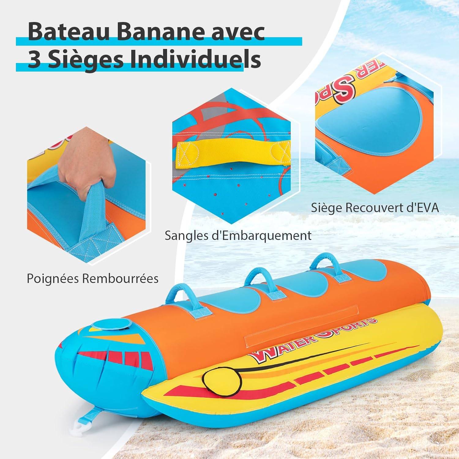 Bateau Banane Gonflable pour 1 à 3 Passagers Charge 231KG, Flotteur Gonflable Remorquable avec 3 Sièges et Poignées Rembourrés en EVA - Image 3