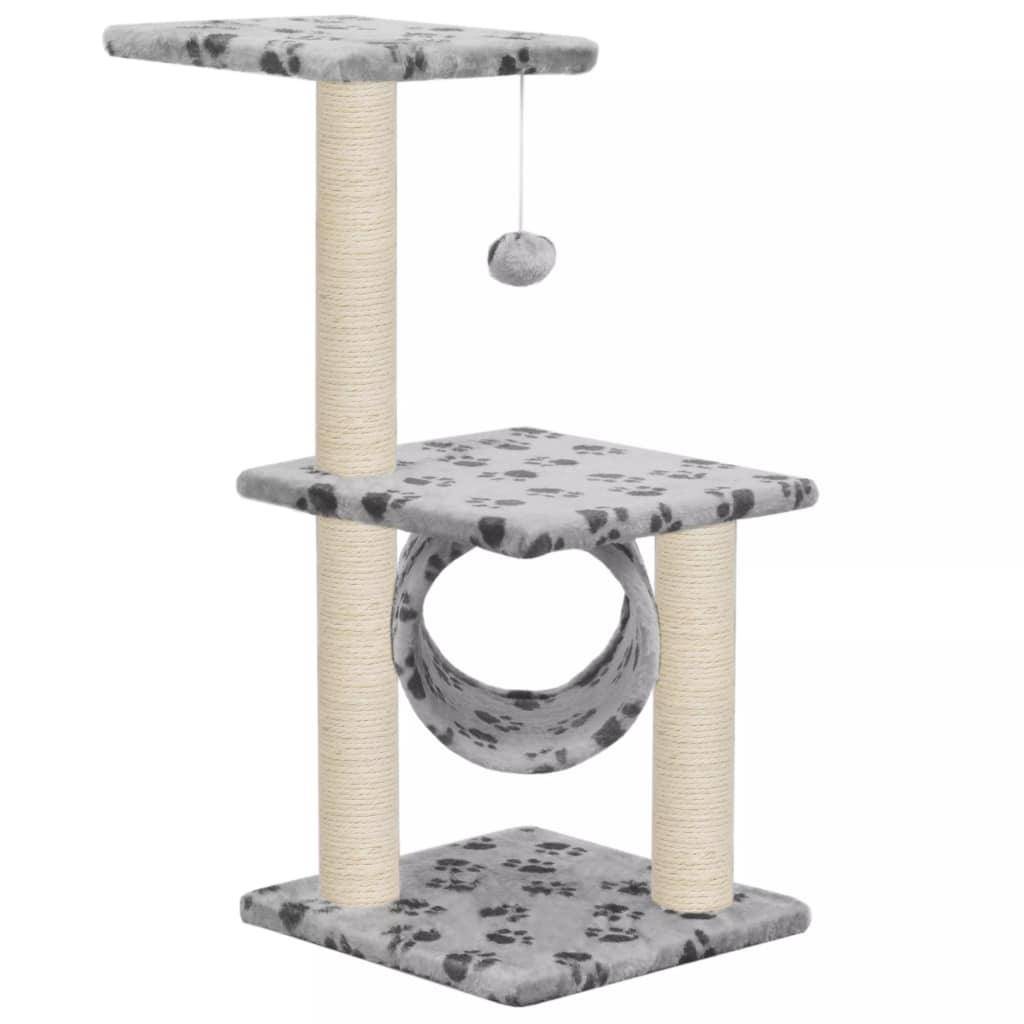 Helloshop26 - Arbre à chat griffoir grattoir niche jouet animaux peluché en sisal 65 cm gris motif de pattes - Image 2