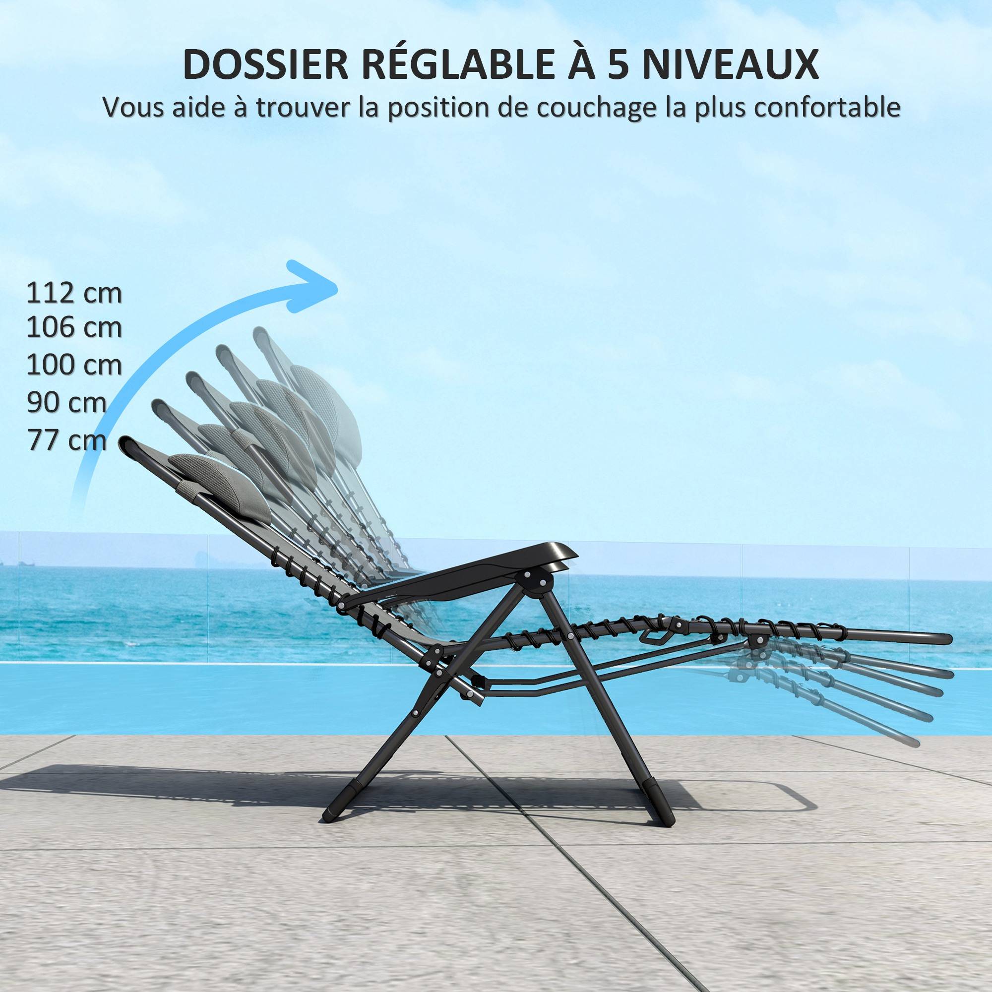 Outsunny - Lot de 2 chaises longues pliantes 90x65x112cm appuie-tête inclinable plage/camping/piscine Textilène gris - Outsunny - Image 4