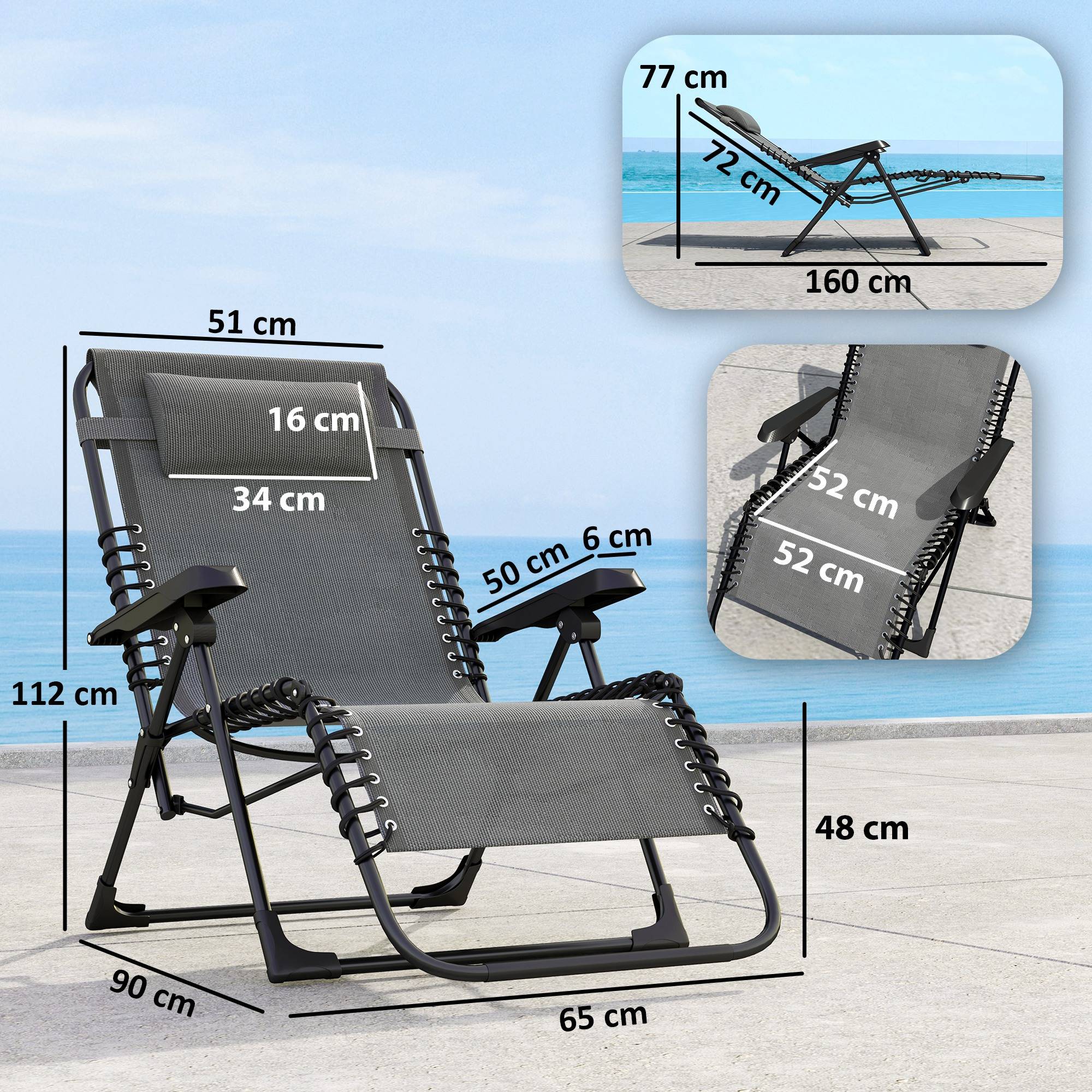Outsunny - Lot de 2 chaises longues pliantes 90x65x112cm appuie-tête inclinable plage/camping/piscine Textilène gris - Outsunny - Image 3