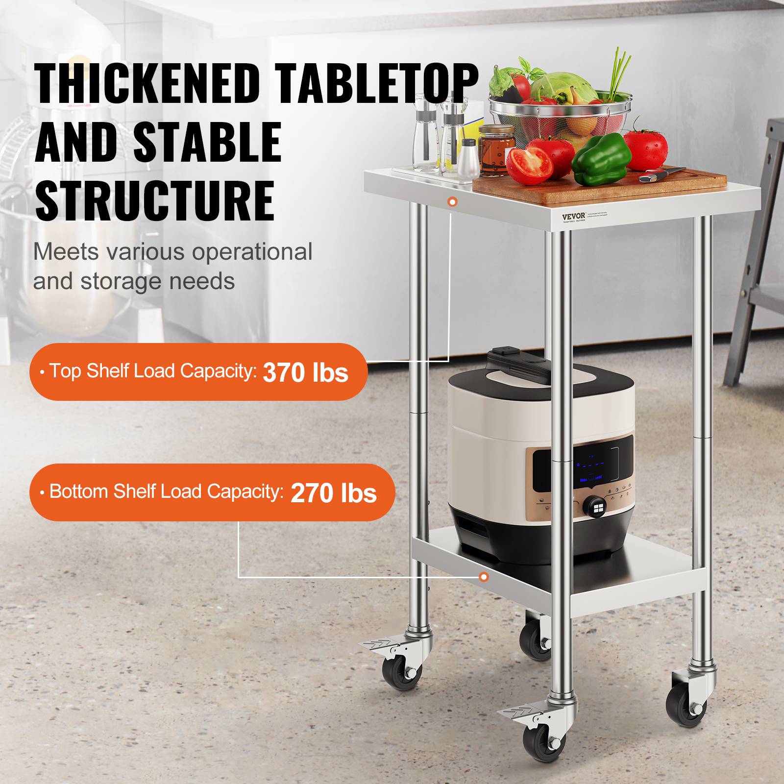 Vevor - VEVOR Table de travail inox 61 x 45,7 x 95,5 cm. 4 roulettes, 3 hauteurs réglables. Pour restaurant, maison, bar. - Image 3