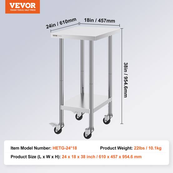 Vevor - VEVOR Table de travail inox 61 x 45,7 x 95,5 cm. 4 roulettes, 3 hauteurs réglables. Pour restaurant, maison, bar. - Image 7
