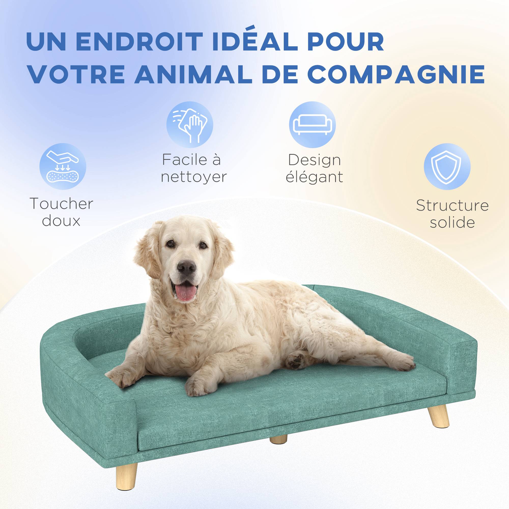 Sans Marque - Canapé pour chien grand lit surélevé pour chien coussin lavable cadre en bois tissu polyester 98 x 67 x 25 cm vert clair - Image 9