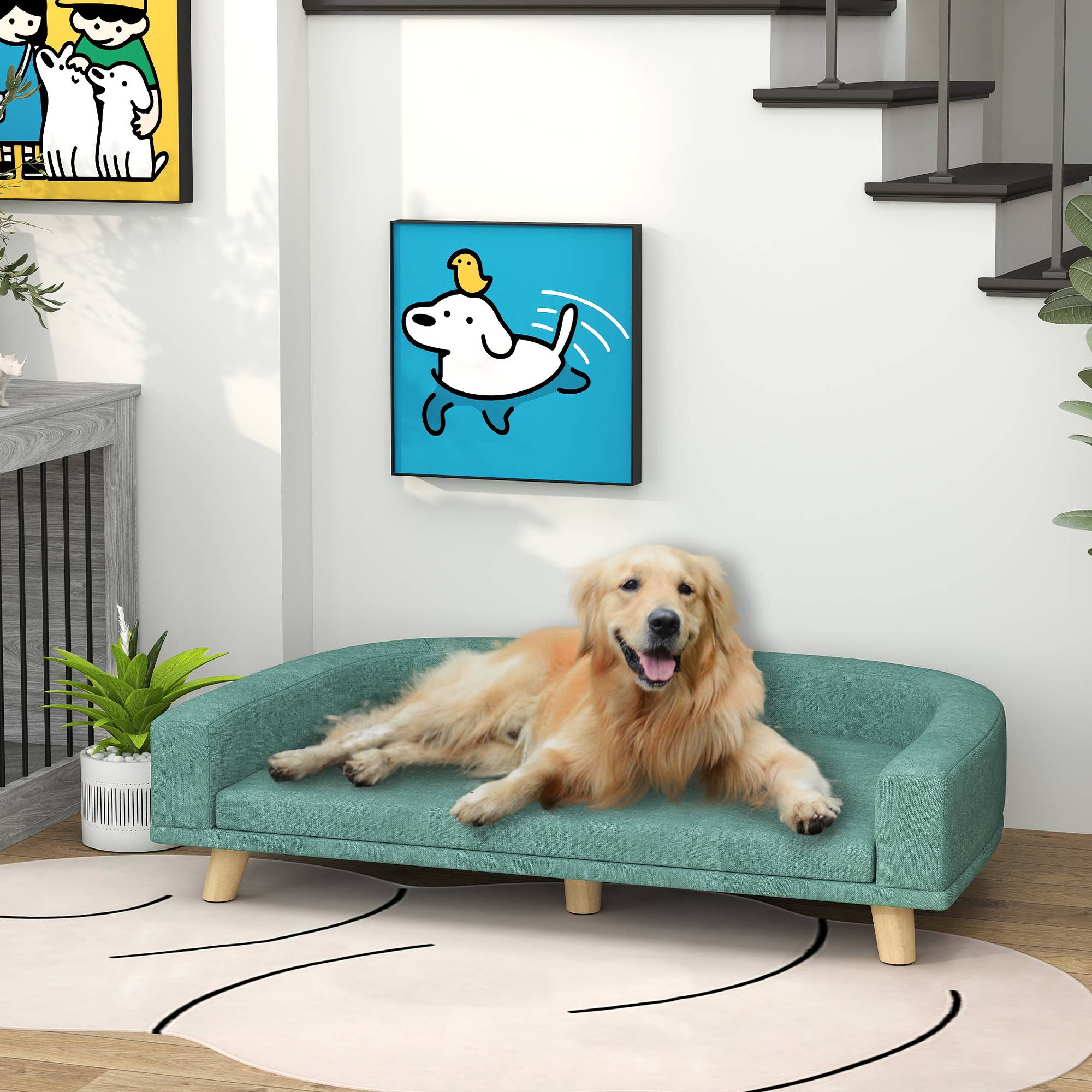 Sans Marque - Canapé pour chien grand lit surélevé pour chien coussin lavable cadre en bois tissu polyester 98 x 67 x 25 cm vert clair - Image 4