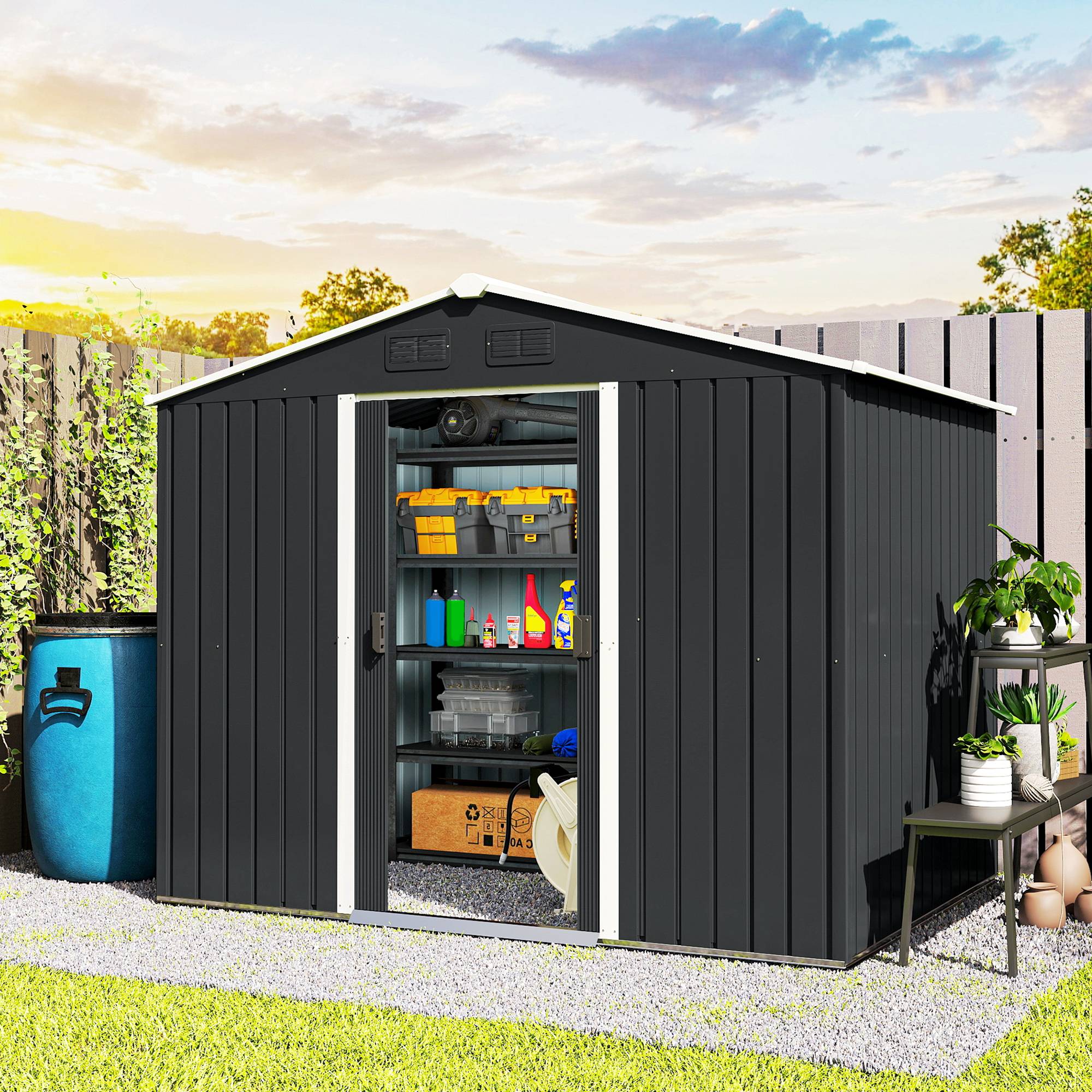 Abri de jardin acier galvanisé 3,6 m² 236x174x190 cm aérations toit pente double porte coulissante gris foncé - Image 4