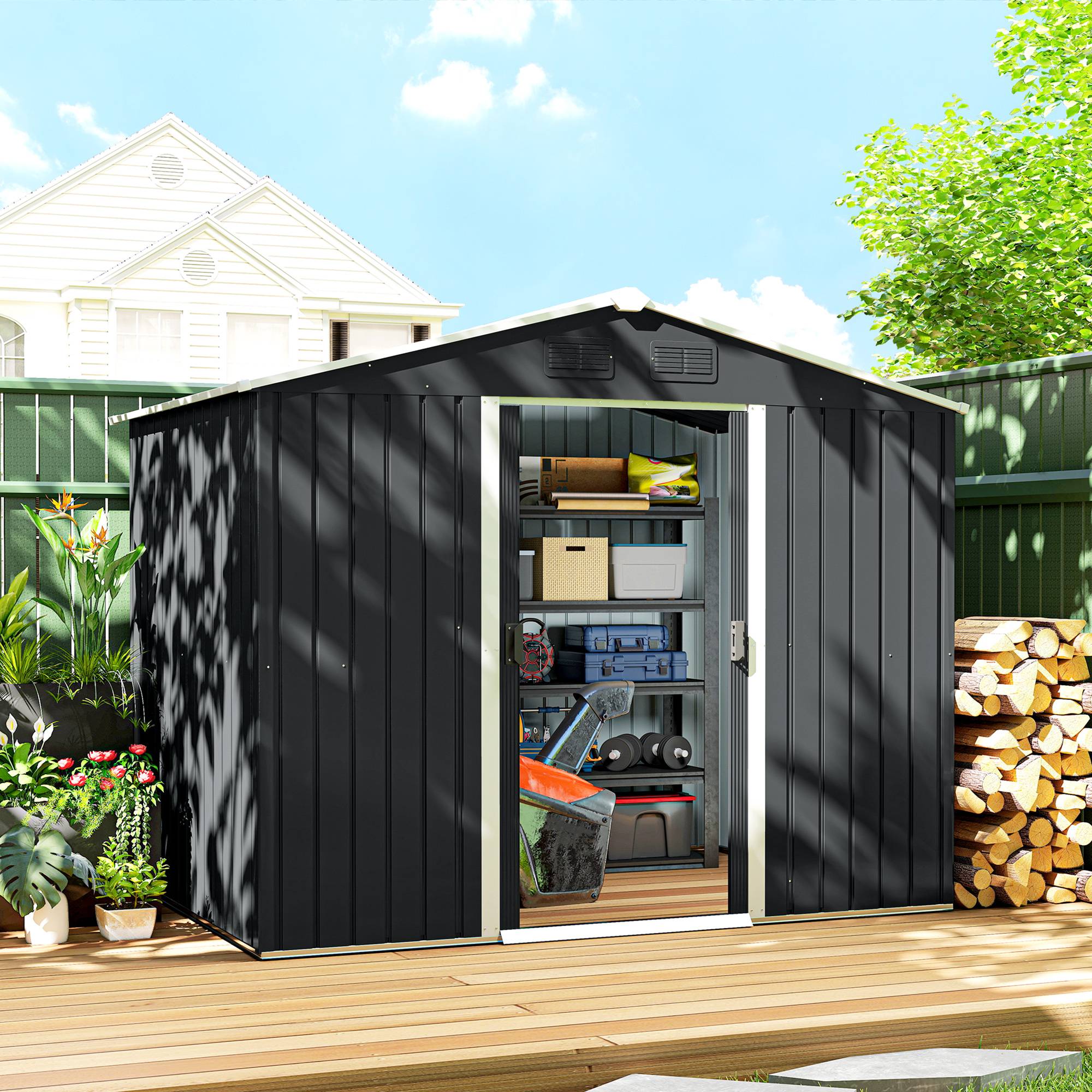 Abri de jardin acier galvanisé 3,6 m² 236x174x190 cm aérations toit pente double porte coulissante gris foncé - Image 3