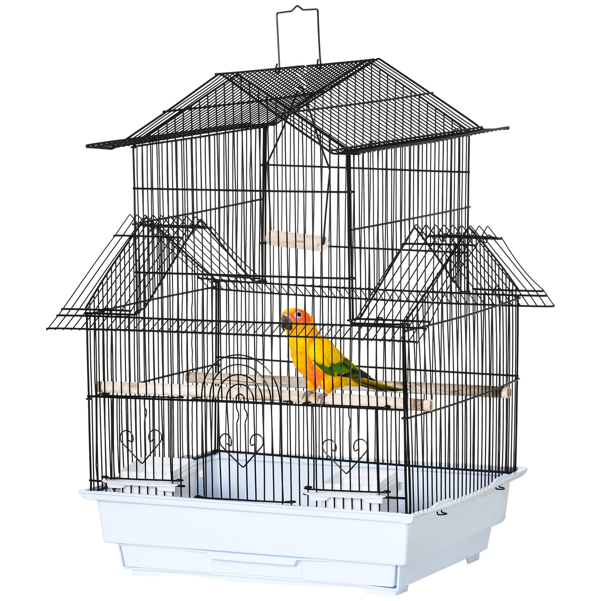 Cage à oiseaux métal plastique avec poignée transport et bac extractible, 50,5x41x63cm, blanc - Image 2