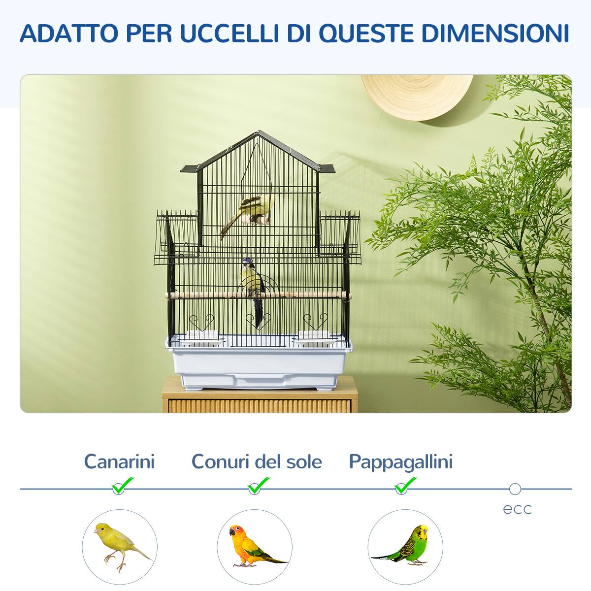 Cage à oiseaux métal plastique avec poignée transport et bac extractible, 50,5x41x63cm, blanc - Image 9