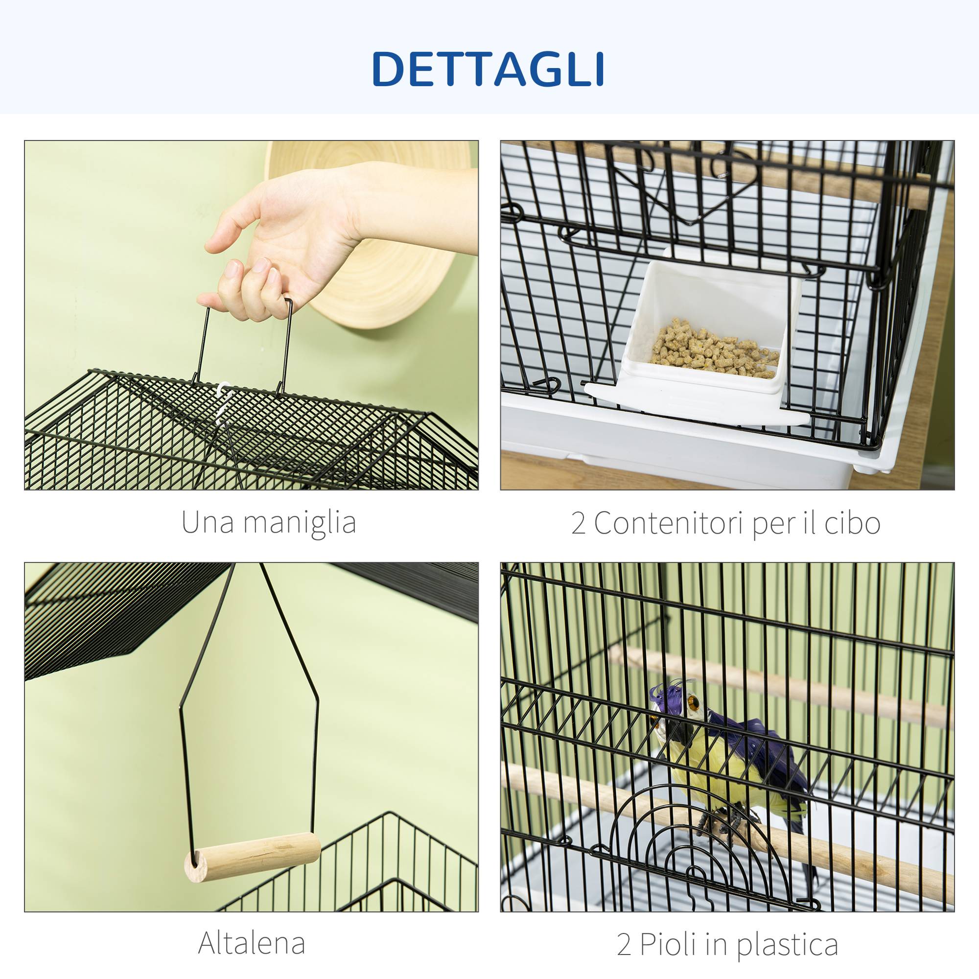 Cage à oiseaux métal plastique avec poignée transport et bac extractible, 50,5x41x63cm, blanc - Image 6