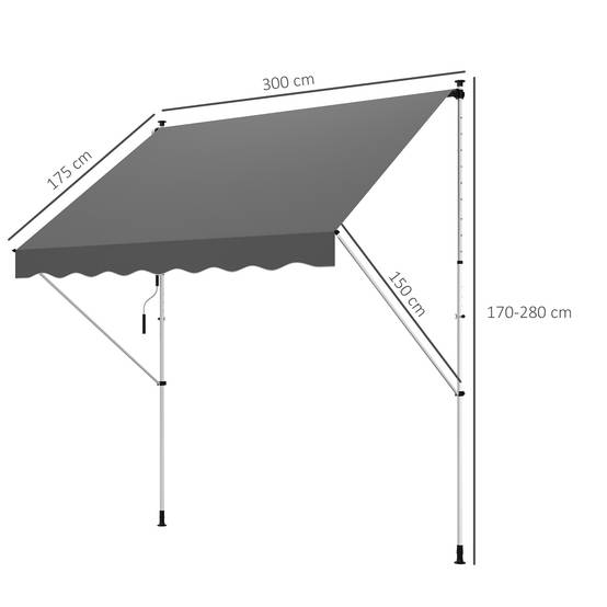 Store banne rétractable manuelle 300 x 150 x 170-280 cm avec hauteur réglable, manivelle et protection solaire pour terrasse, gris - Image 5