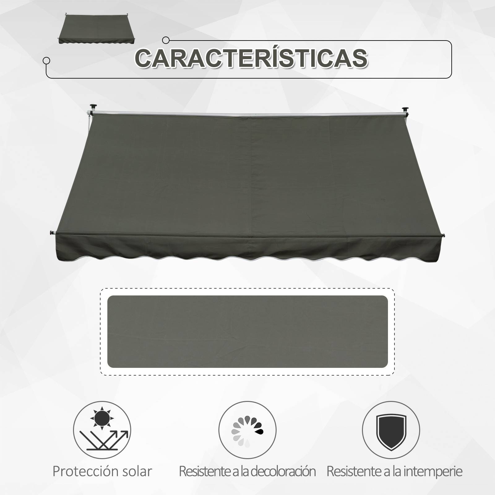 Store banne rétractable manuelle 300 x 150 x 170-280 cm avec hauteur réglable, manivelle et protection solaire pour terrasse, gris - Image 6