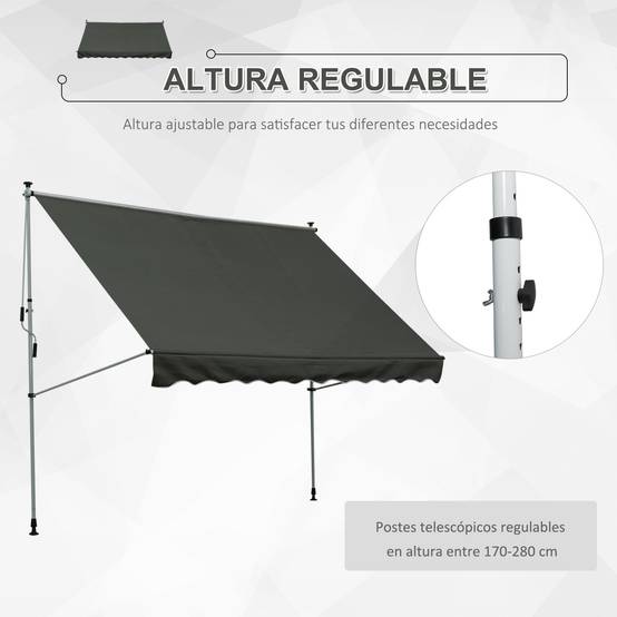 Store banne rétractable manuelle 300 x 150 x 170-280 cm avec hauteur réglable, manivelle et protection solaire pour terrasse, gris - Image 9