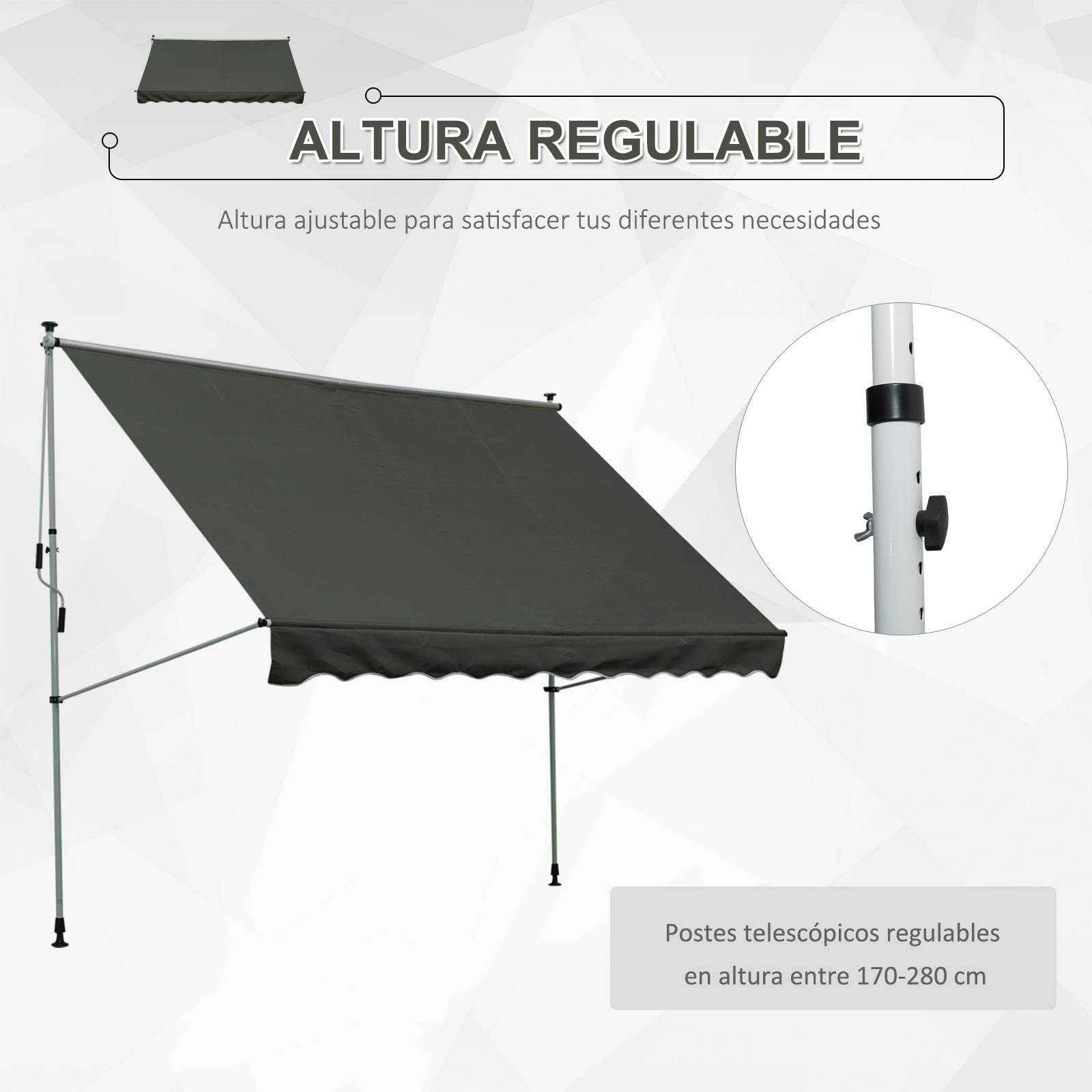 Store banne rétractable manuelle 300 x 150 x 170-280 cm avec hauteur réglable, manivelle et protection solaire pour terrasse, gris - Image 9