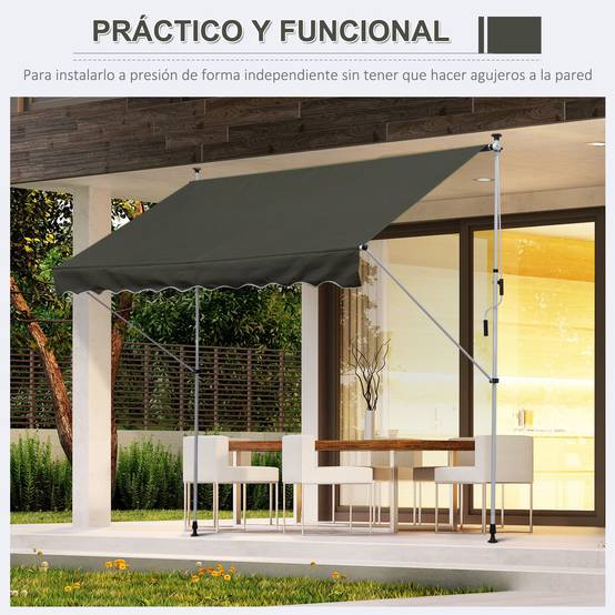 Store banne rétractable manuelle 300 x 150 x 170-280 cm avec hauteur réglable, manivelle et protection solaire pour terrasse, gris - Image 10