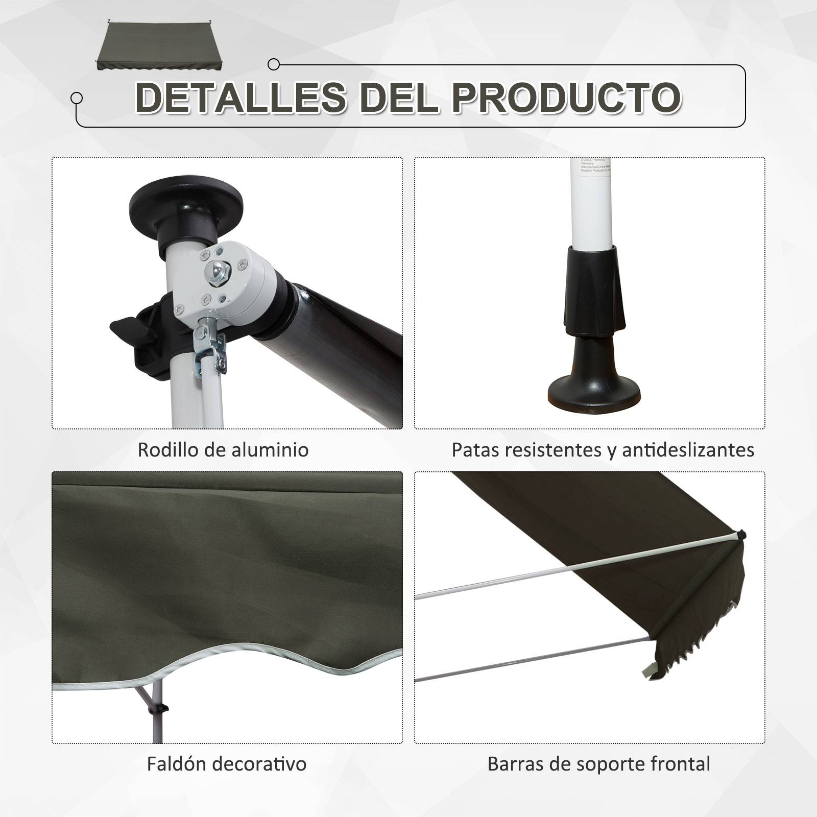 Store banne rétractable manuelle 300 x 150 x 170-280 cm avec hauteur réglable, manivelle et protection solaire pour terrasse, gris - Image 7