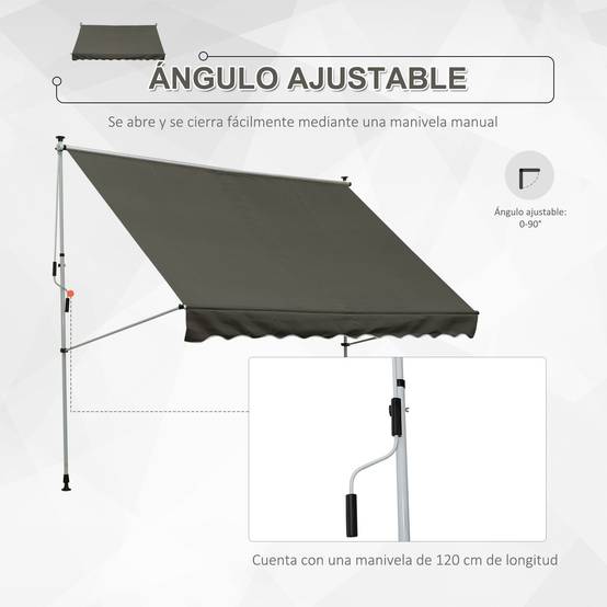 Store banne rétractable manuelle 300 x 150 x 170-280 cm avec hauteur réglable, manivelle et protection solaire pour terrasse, gris - Image 8