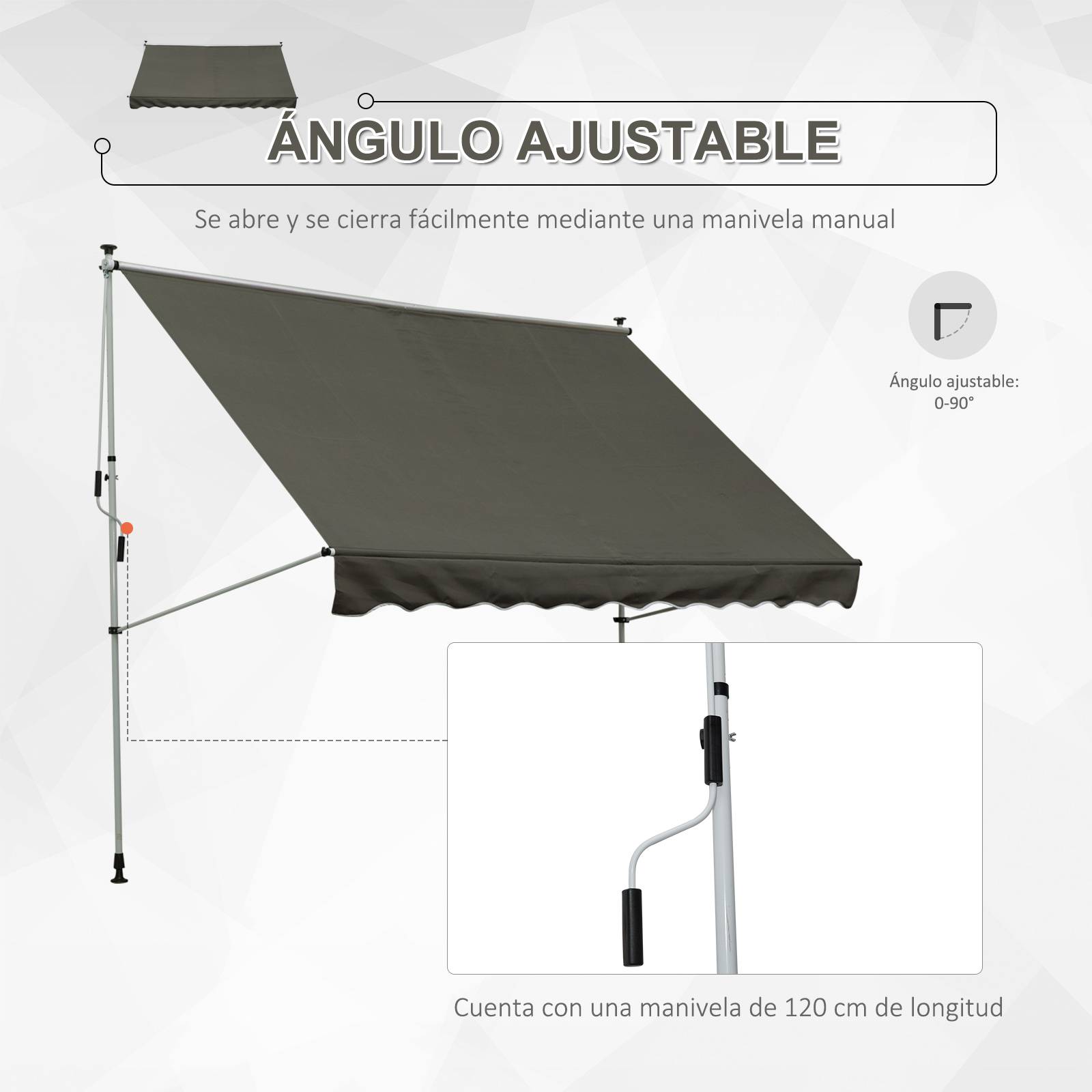 Store banne rétractable manuelle 300 x 150 x 170-280 cm avec hauteur réglable, manivelle et protection solaire pour terrasse, gris - Image 8
