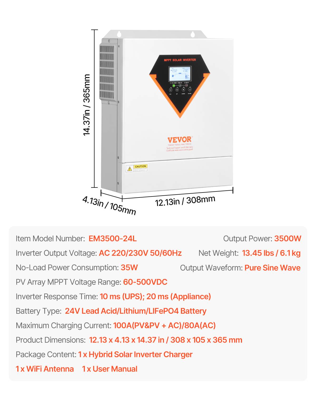 VEVOR Onduleur solaire hybride 3500W, 24V->220/230V, contrôleur MPPT 100A intégré, hors réseau. - Image 7