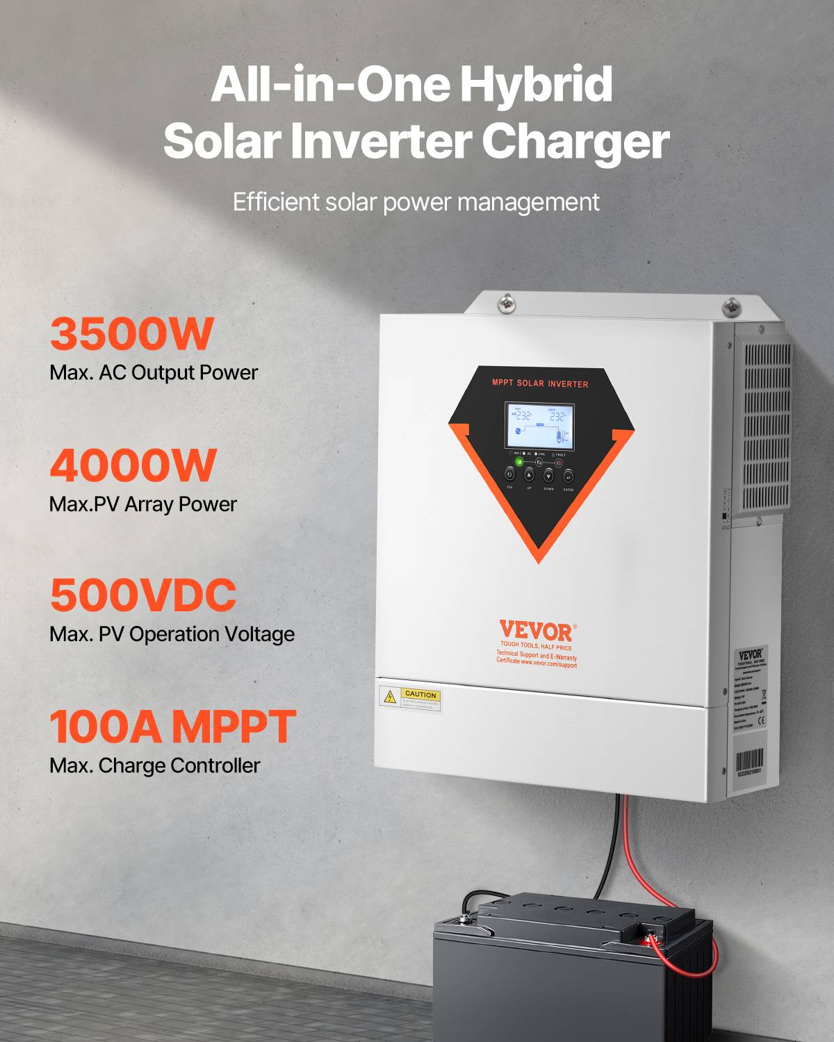 VEVOR Onduleur solaire hybride 3500W, 24V->220/230V, contrôleur MPPT 100A intégré, hors réseau. - Image 2