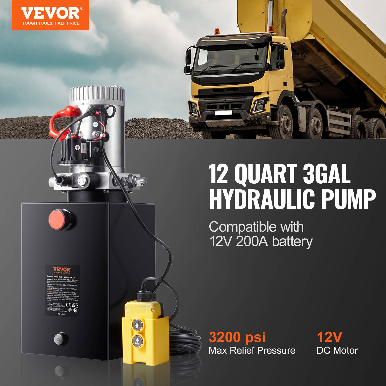 VEVOR Pompe hydraulique DC 12V 11L, simple effet, débit 3.44 L/min, pression 22 MPa, pour camion benne nacelle. - Image 2