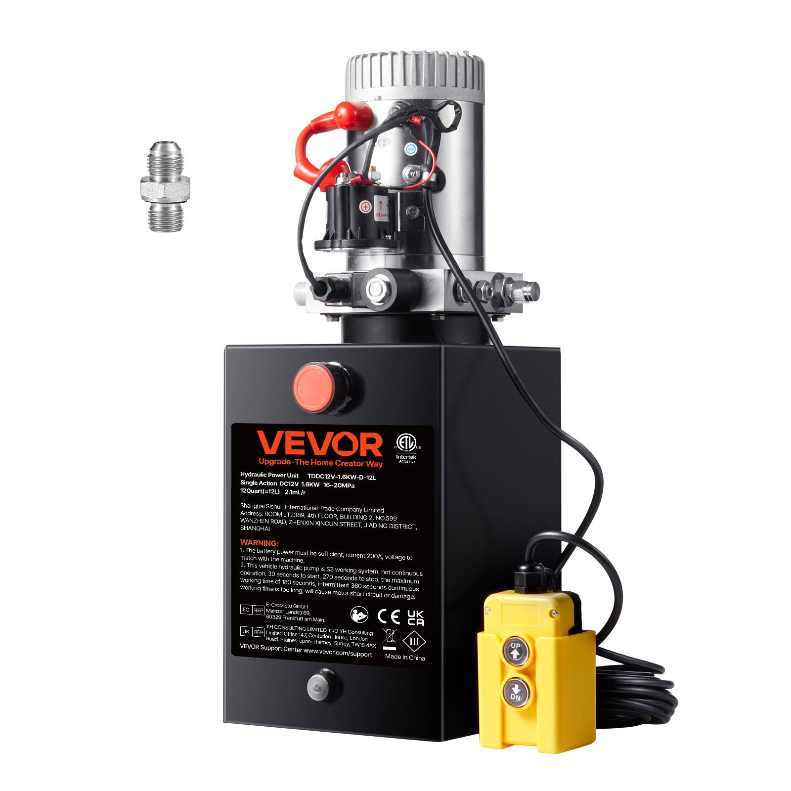 VEVOR Pompe hydraulique DC 12V 11L, simple effet, débit 3.44 L/min, pression 22 MPa, pour camion benne nacelle. - Image 1