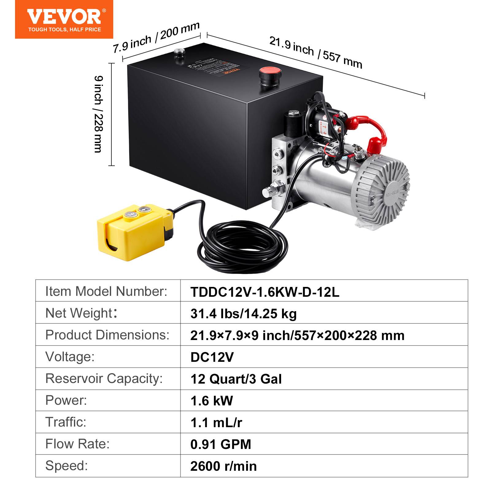 VEVOR Pompe hydraulique DC 12V 11L, simple effet, débit 3.44 L/min, pression 22 MPa, pour camion benne nacelle. - Image 7