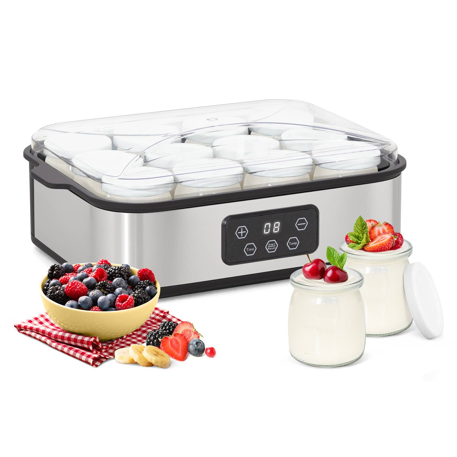 Yaourtière 12 Pots En Verre 2200ml - Machine Yaourt Maison Acier Inoxydable Thermostat Réglable Minuterie 48h