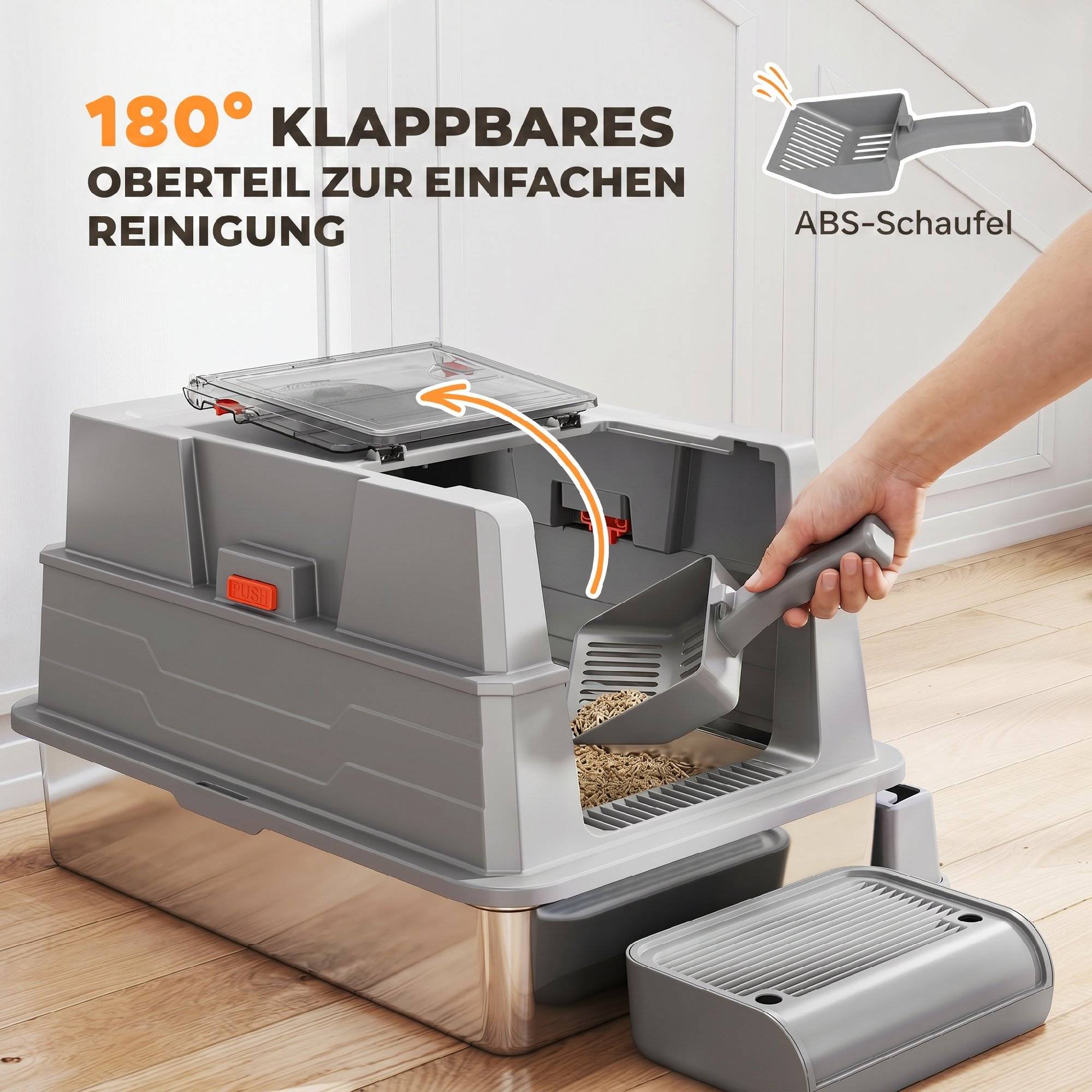 Sans Marque - Litière XXL inox 130L, couvercle 180°, parois hautes, pelle, marche, 70x50x43cm, Gris - Image 10
