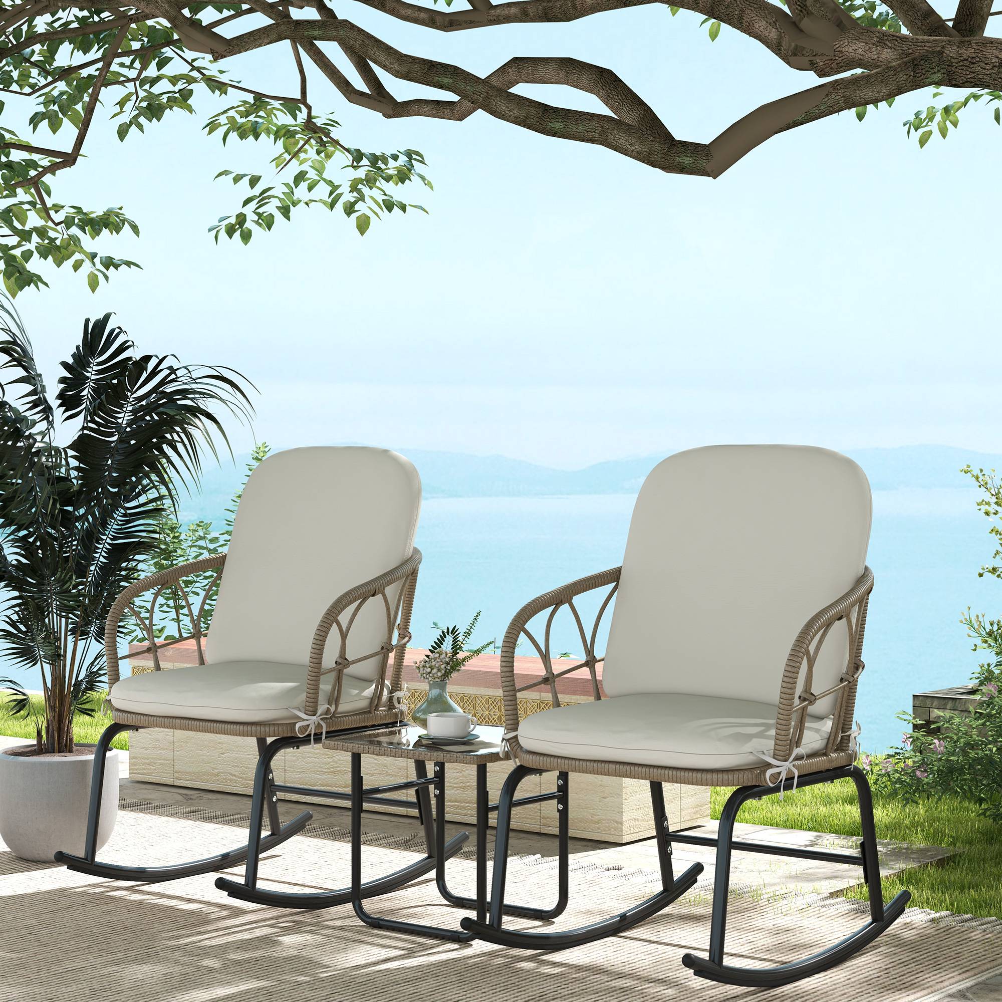 Set de mobilier de jardin 3 pièces avec 2 fauteuils à bascule et table en Rattan, Jaune - PANGIVO - Image 2