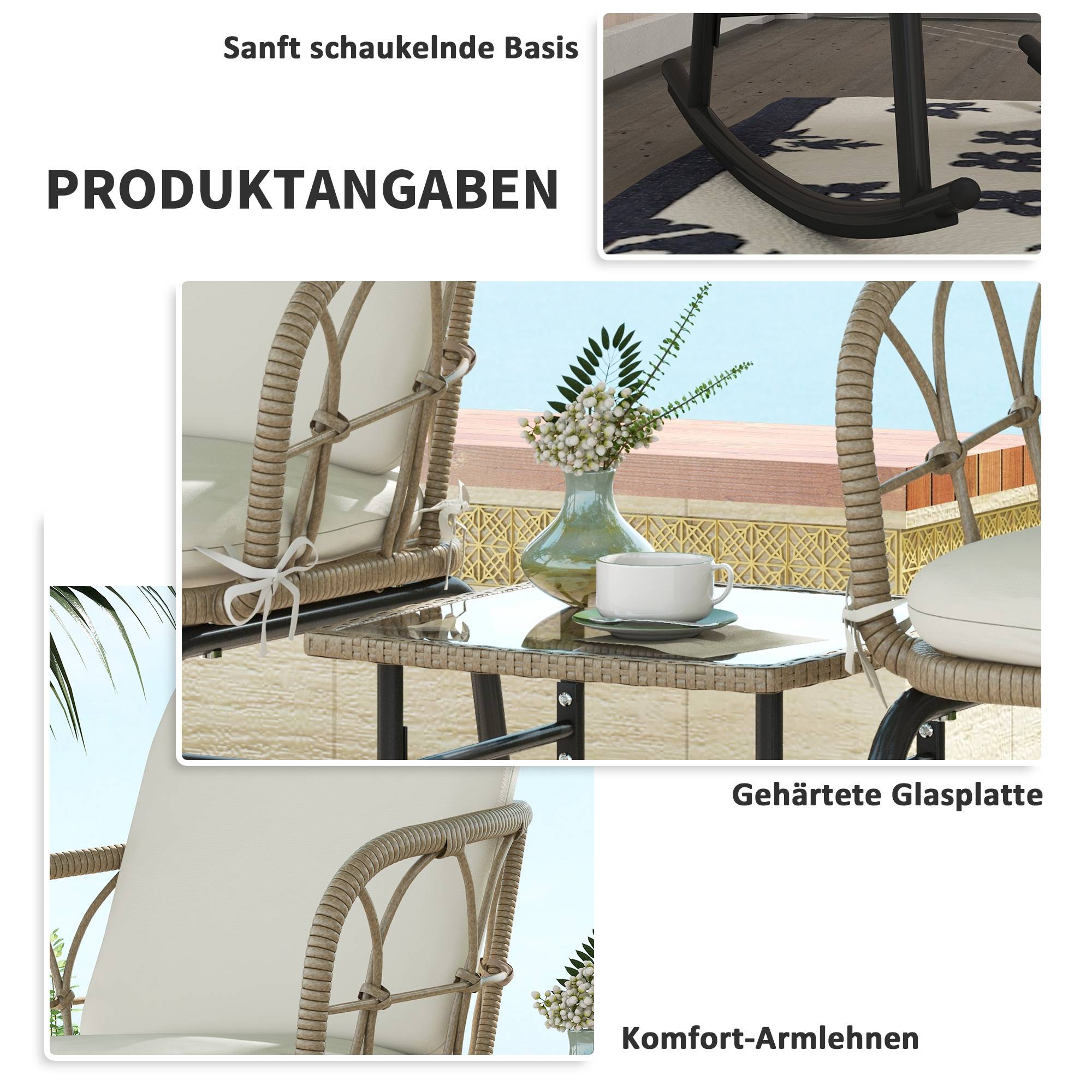 Set de mobilier de jardin 3 pièces avec 2 fauteuils à bascule et table en Rattan, Jaune - PANGIVO - Image 6