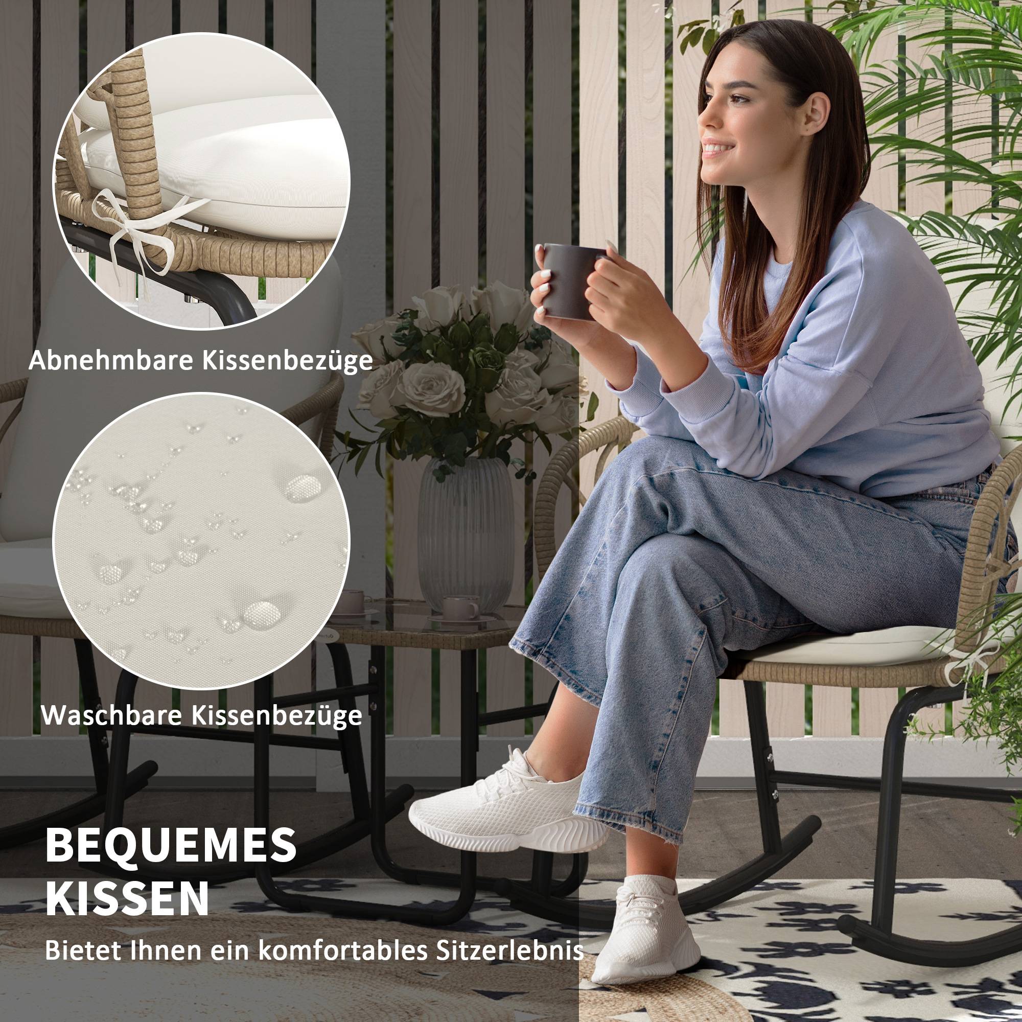Set de mobilier de jardin 3 pièces avec 2 fauteuils à bascule et table en Rattan, Jaune - PANGIVO - Image 4