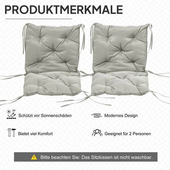 ComfortXL - Lot de 2 coussins de chaise polyester 98 x 50 x 8 cm gris clair intérieur extérieur avec liens de fixation - Image 5