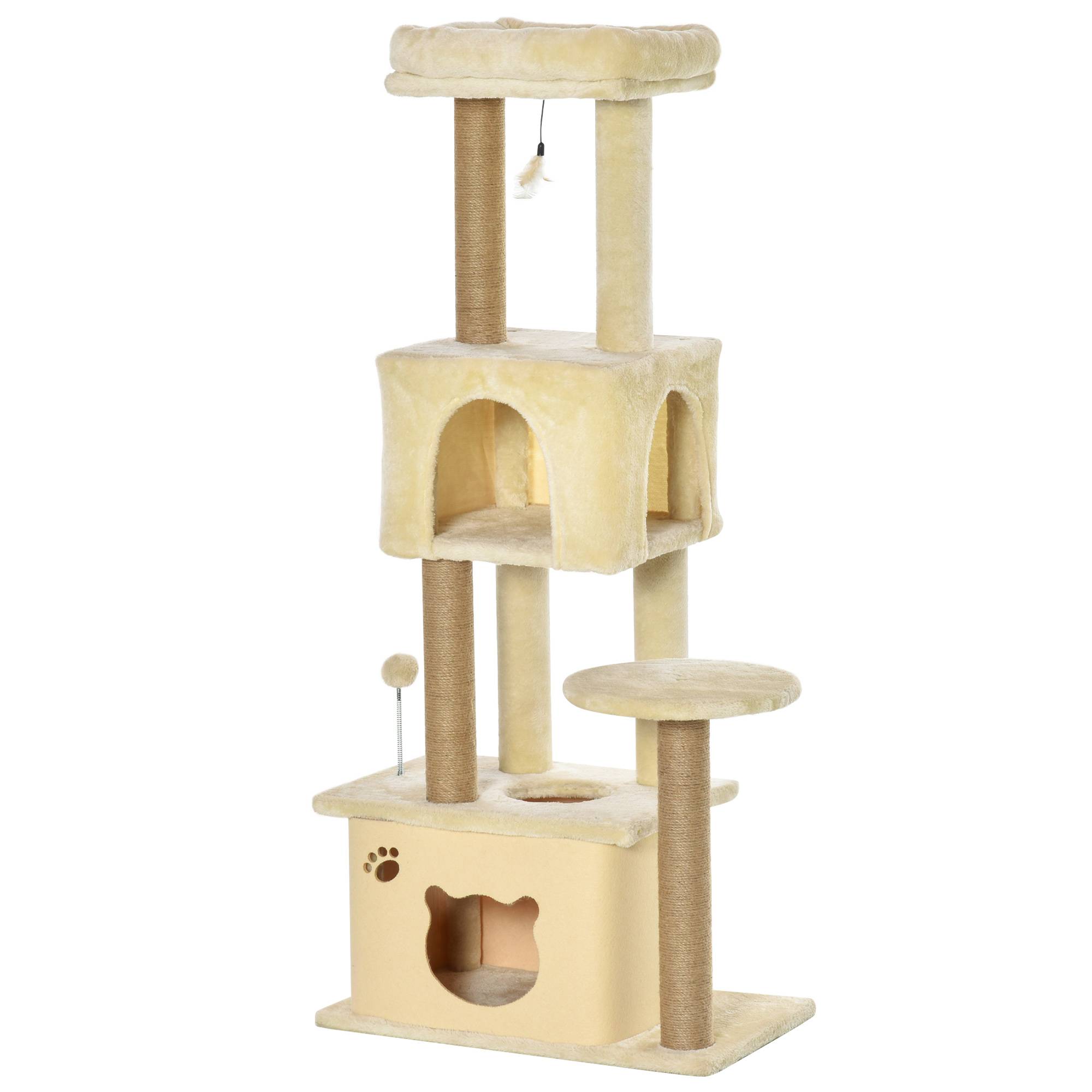 Sans Marque - Arbre à chat beige 136 cm avec niches, plateformes et poteaux en jute - Image 2