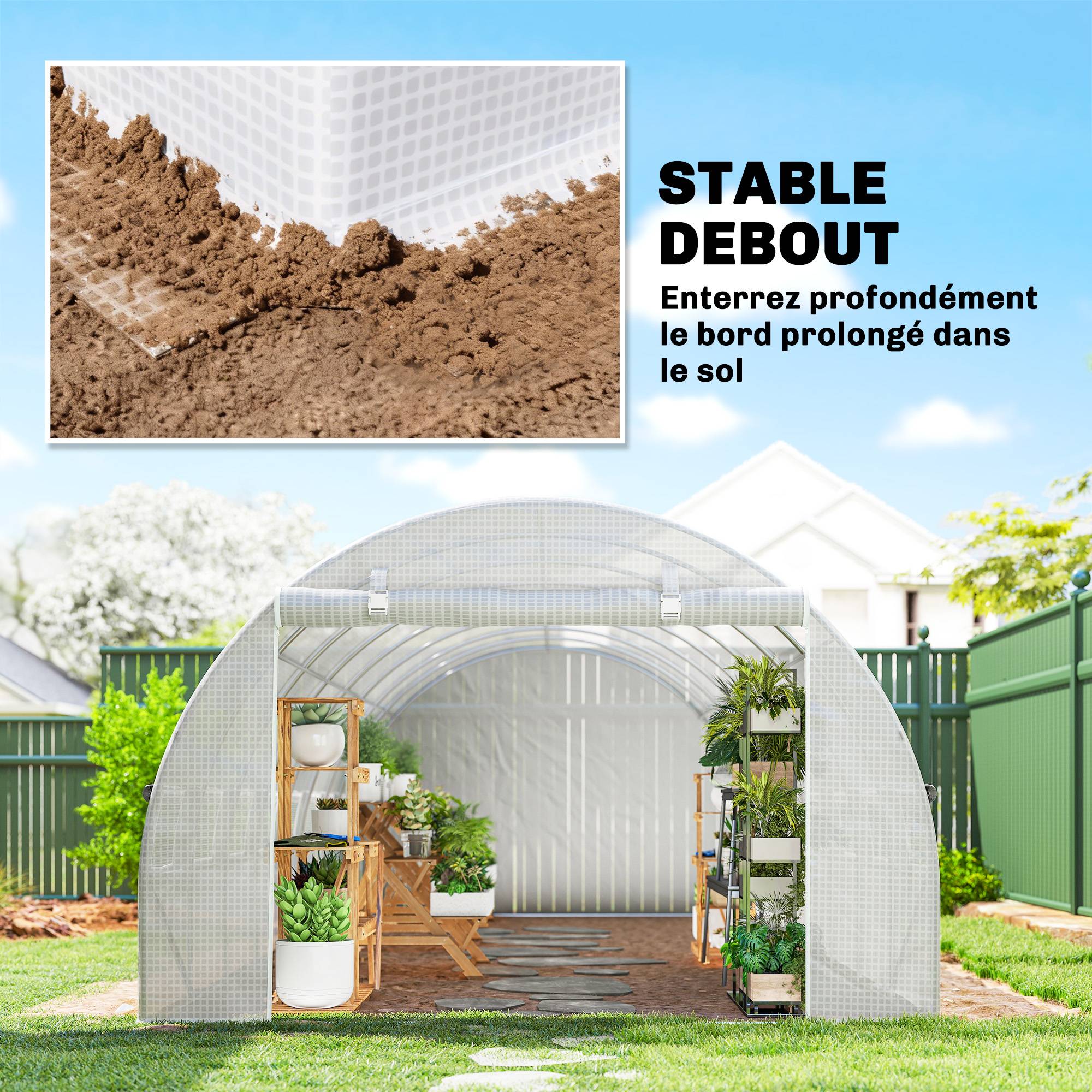 Serre de jardin tunnel 24m² 8L x 3l x 2H m - 16 fenêtres, Porte zippée enroulable acier galvanisé, bâche PE, Blanc - Image 8