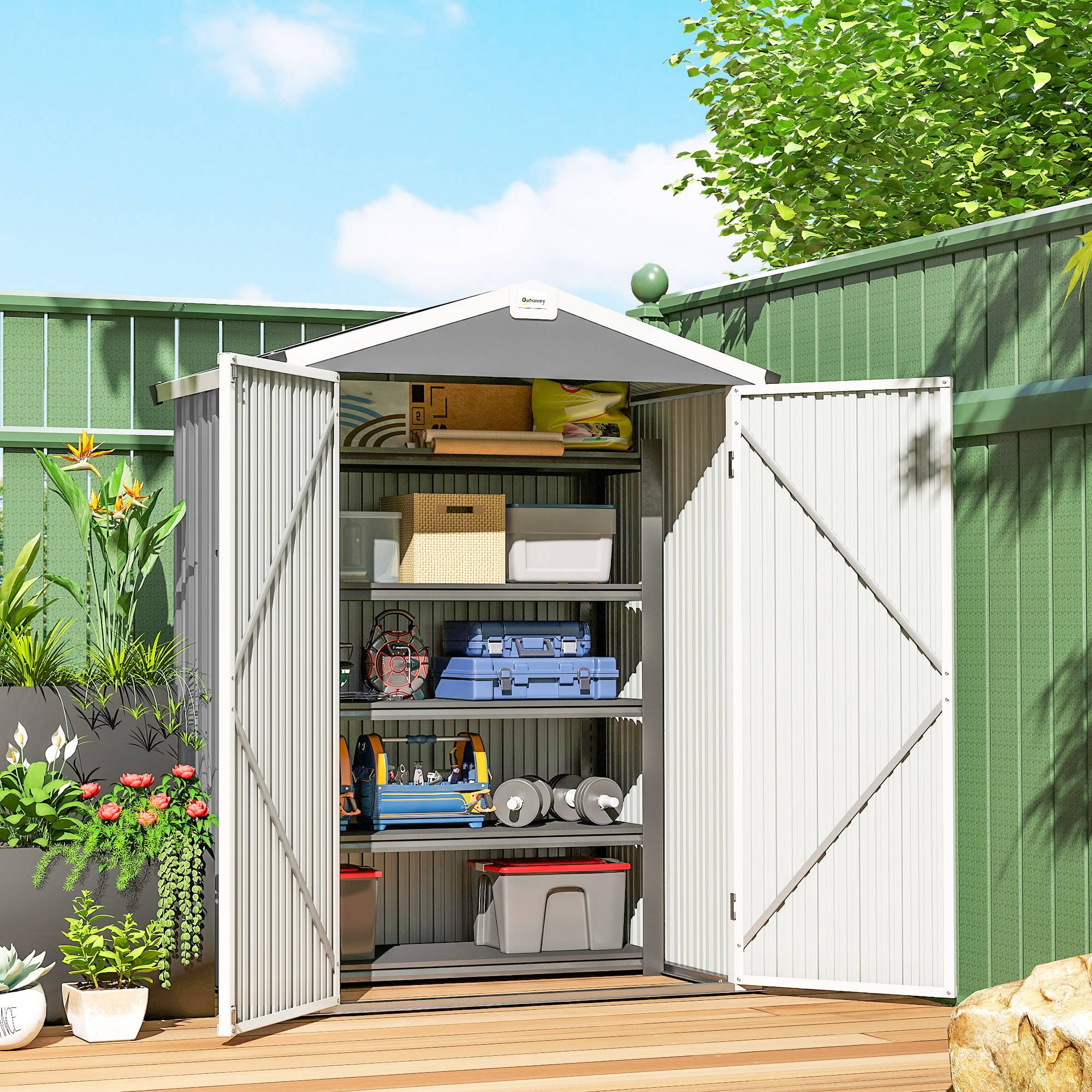 Abri jardin acier 1,1 m² avec double porte verrouillable 133x87x178 cm rangement outils sécurisé gris argenté - Image 4