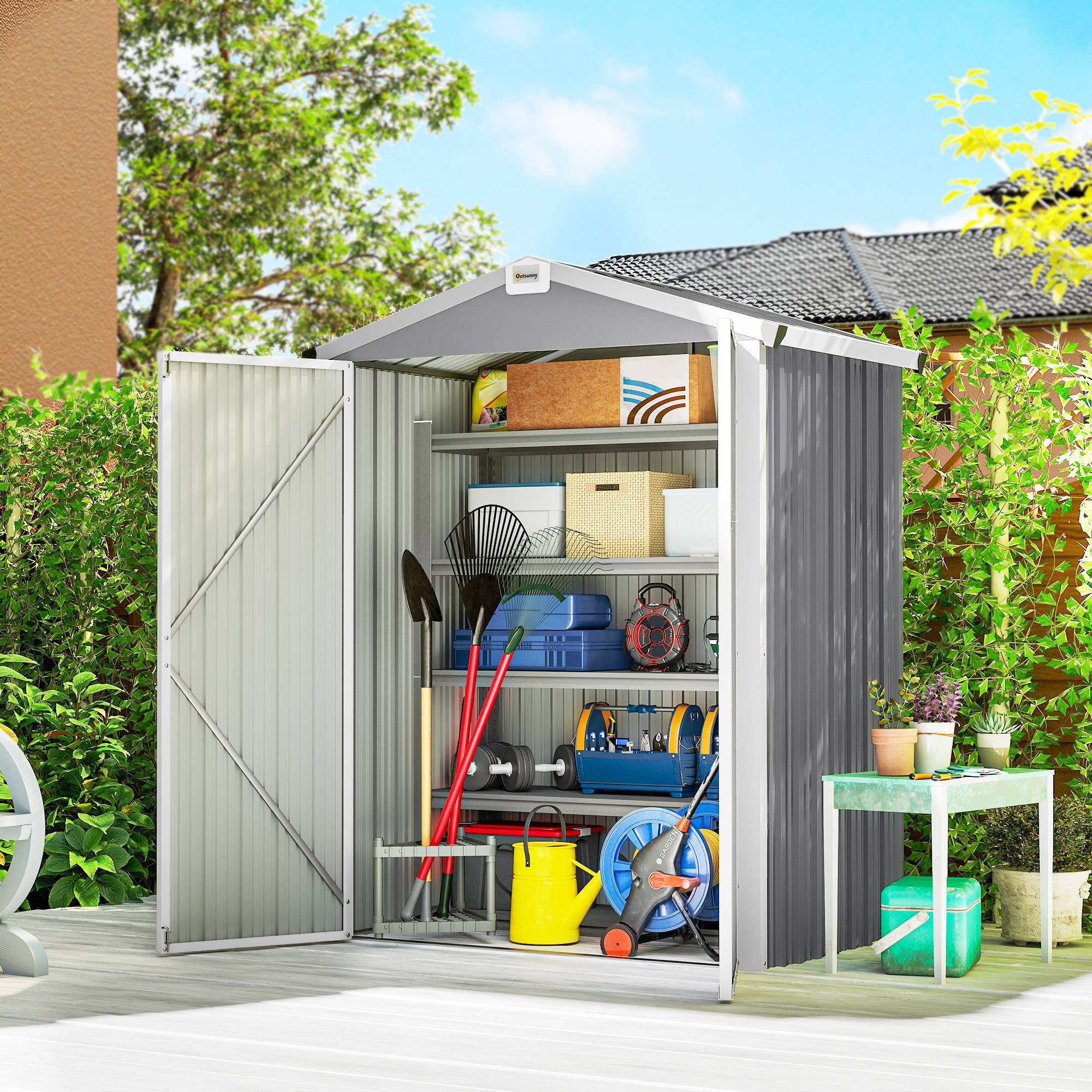Abri jardin acier 1,1 m² avec double porte verrouillable 133x87x178 cm rangement outils sécurisé gris argenté - Image 3