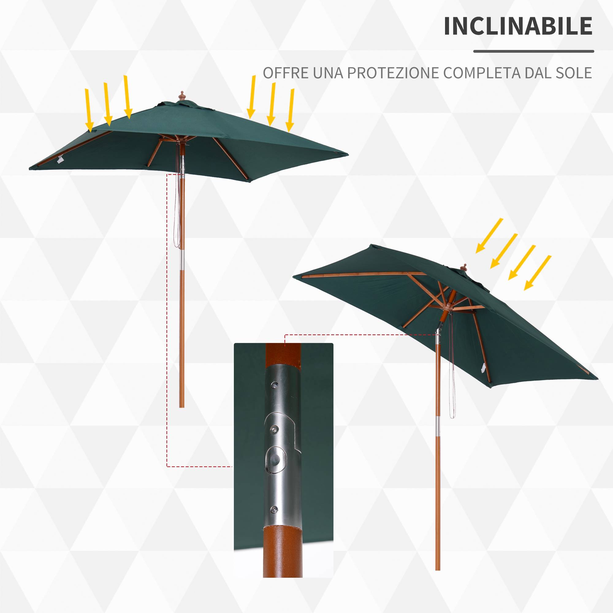 Parasol de jardin inclinable 2 x 1,5 m, 6 baleines, mât en bois et ouverture par corde, vert - Image 7