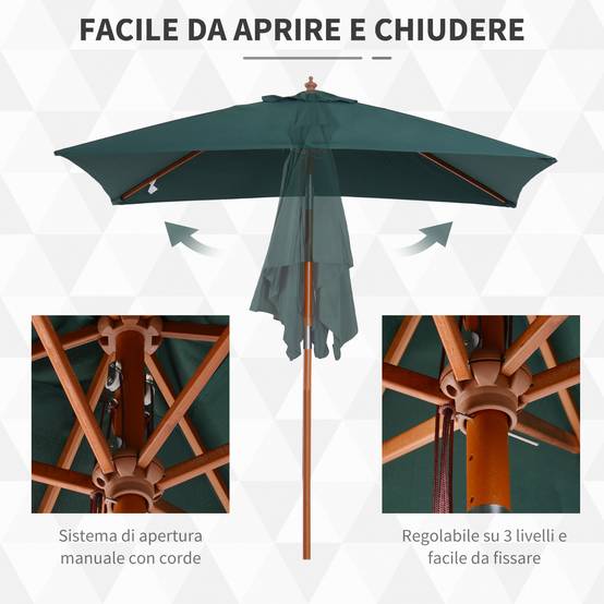 Parasol de jardin inclinable 2 x 1,5 m, 6 baleines, mât en bois et ouverture par corde, vert - Image 8