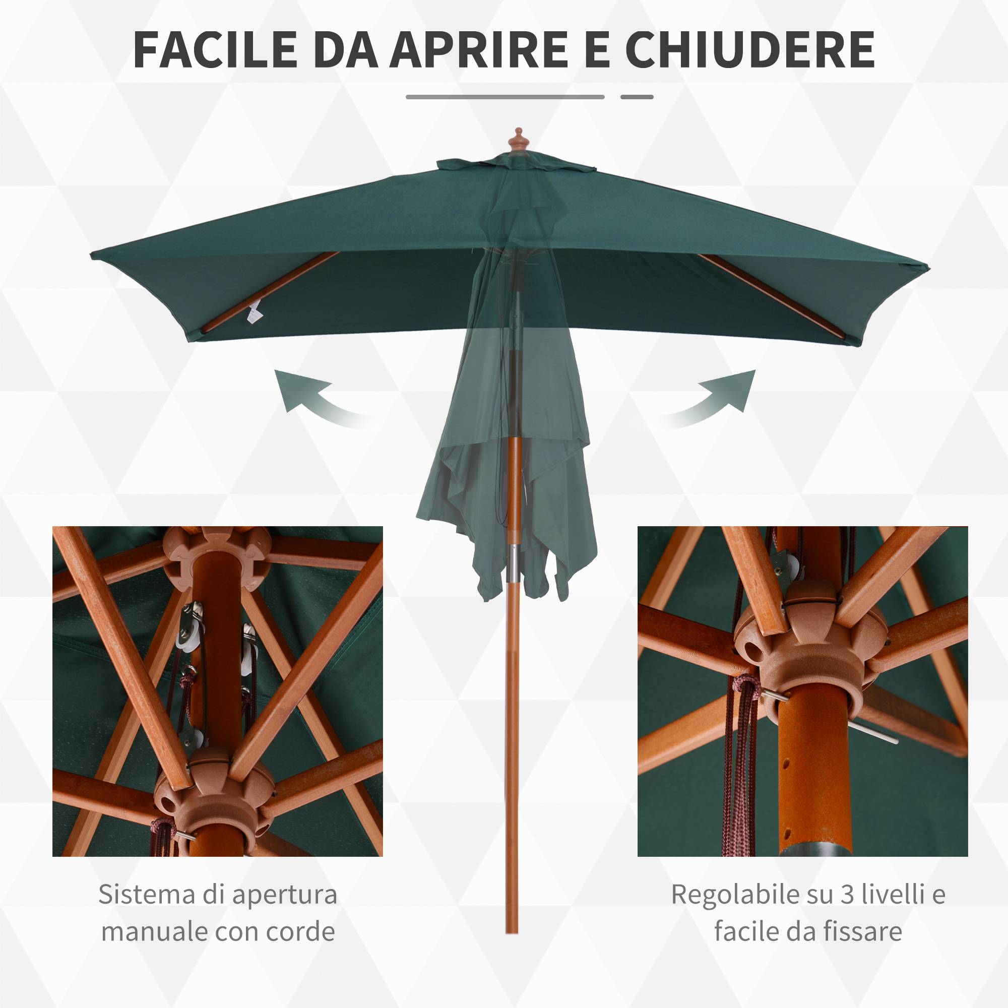 Parasol de jardin inclinable 2 x 1,5 m, 6 baleines, mât en bois et ouverture par corde, vert - Image 8