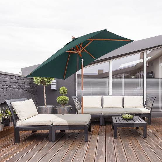 Parasol de jardin inclinable 2 x 1,5 m, 6 baleines, mât en bois et ouverture par corde, vert - Image 4