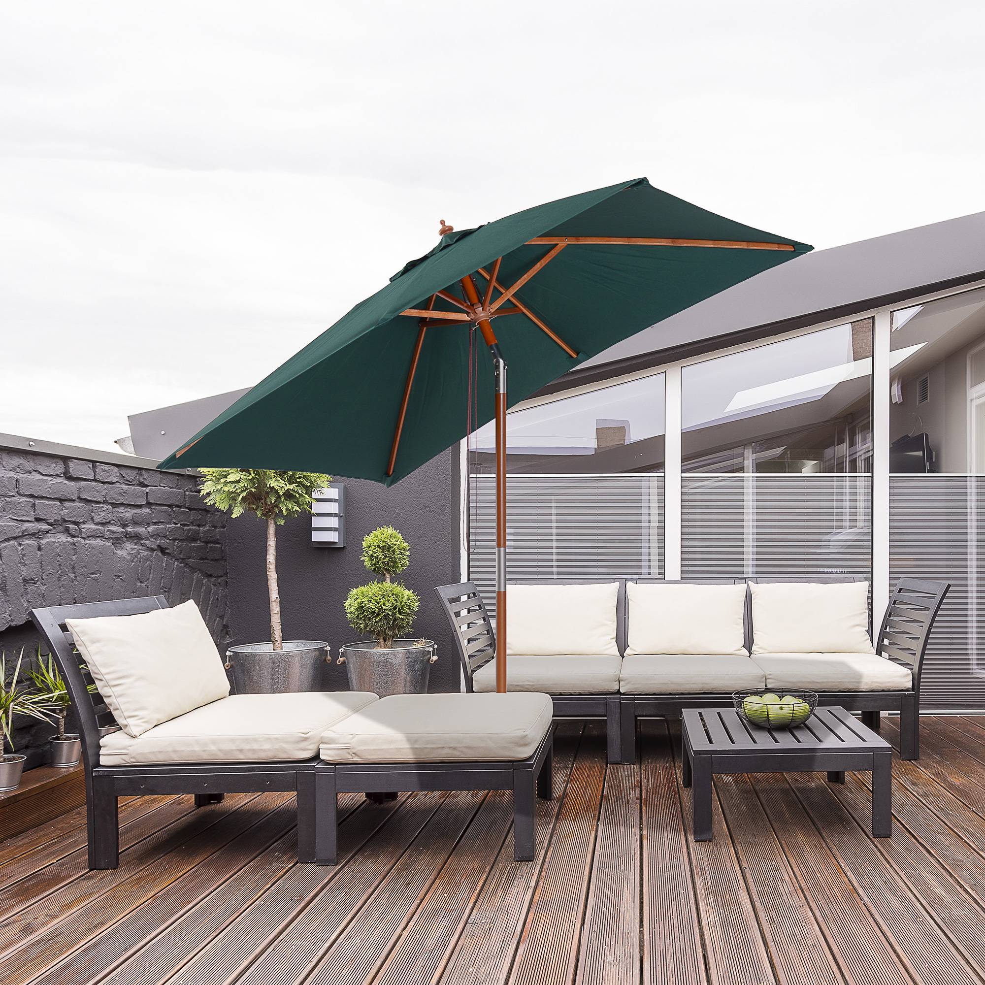 Parasol de jardin inclinable 2 x 1,5 m, 6 baleines, mât en bois et ouverture par corde, vert - Image 4